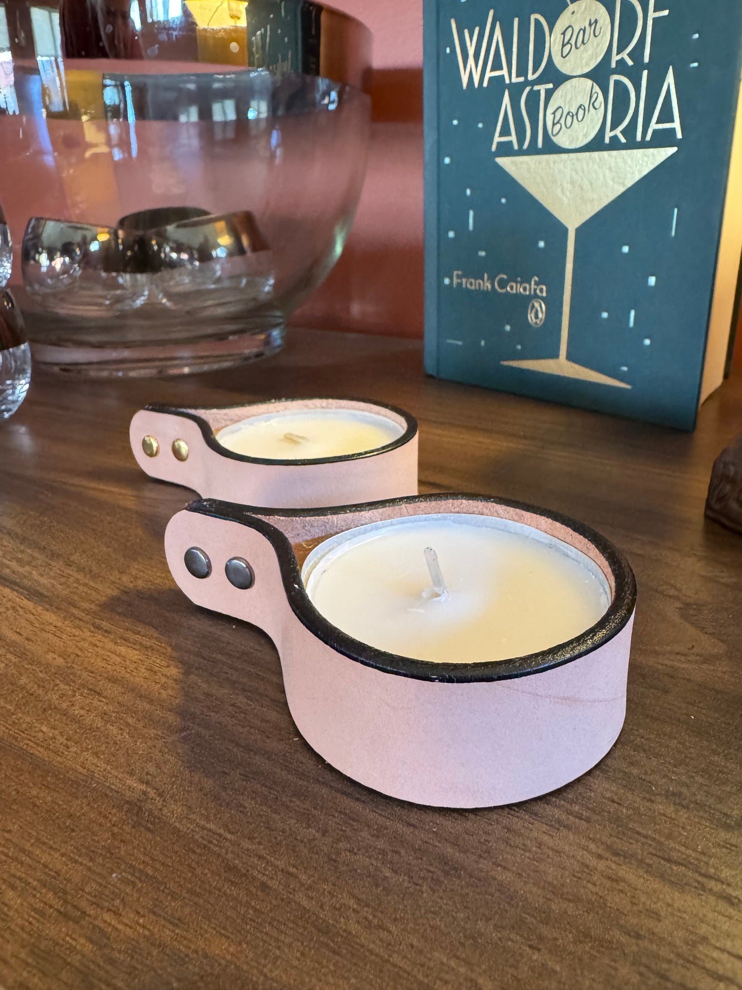 Candle holders! Leather candle holders that is! Bright fun colored votive tea light