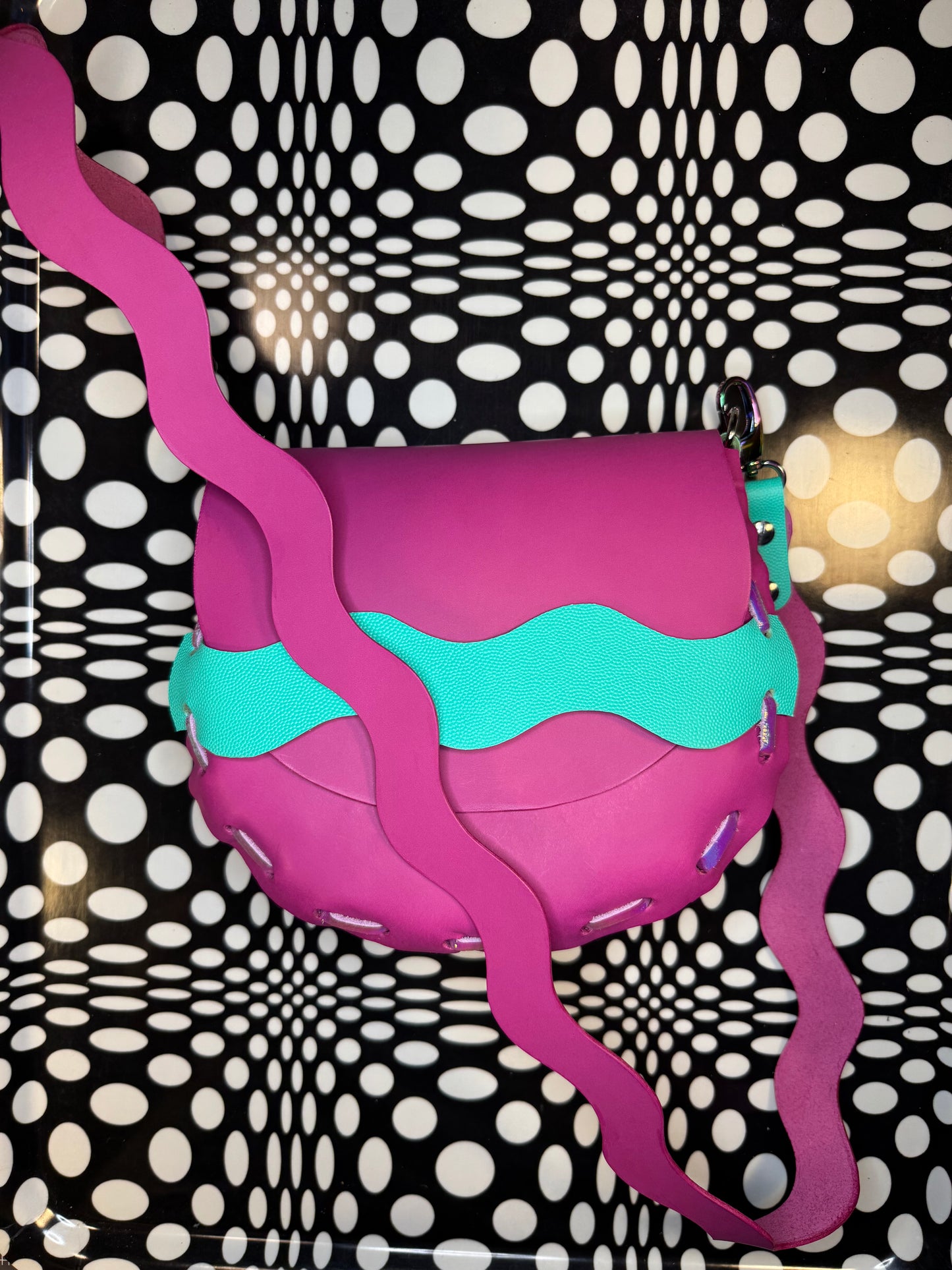 Laced leather saddle bag! One of a kind shoulder purse with wavy squiggly strap! Hand made, hand painted, shrunken bison or veg tan leather