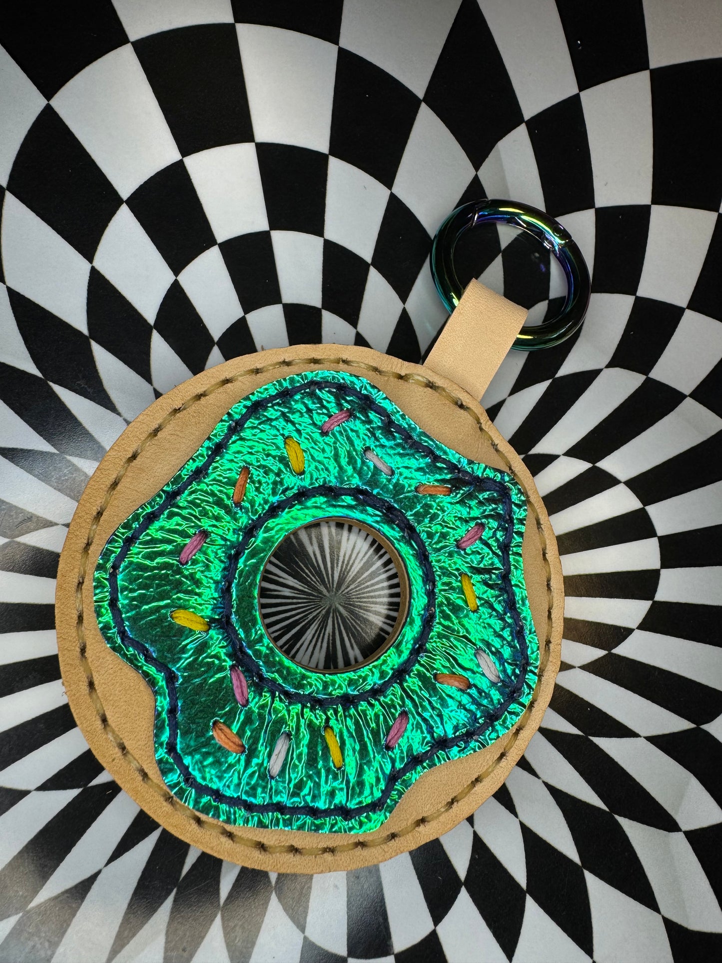 Donut! Hand sewn leather sprinkle donut bag charm, keychain, flair!