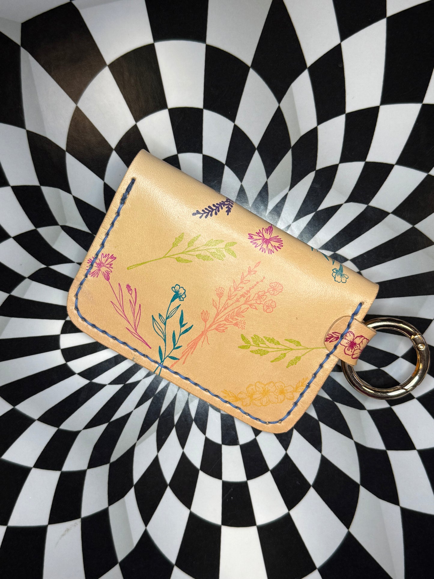 Veg Tan stamped one of a kind Lilia slim key ring card case/ unisex wallet!