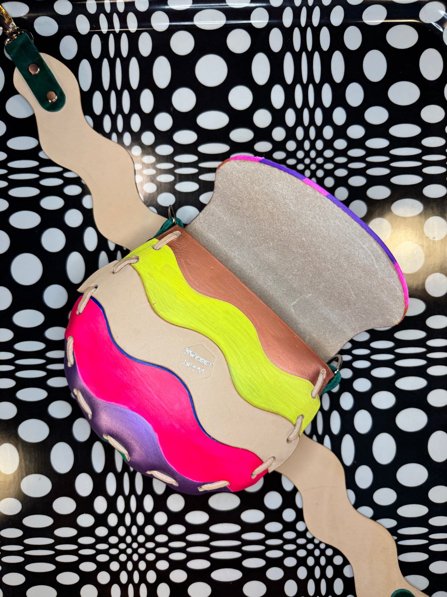 Laced leather saddle bag! One of a kind shoulder purse with wavy squiggly strap! Hand made, hand painted, shrunken bison or veg tan leather