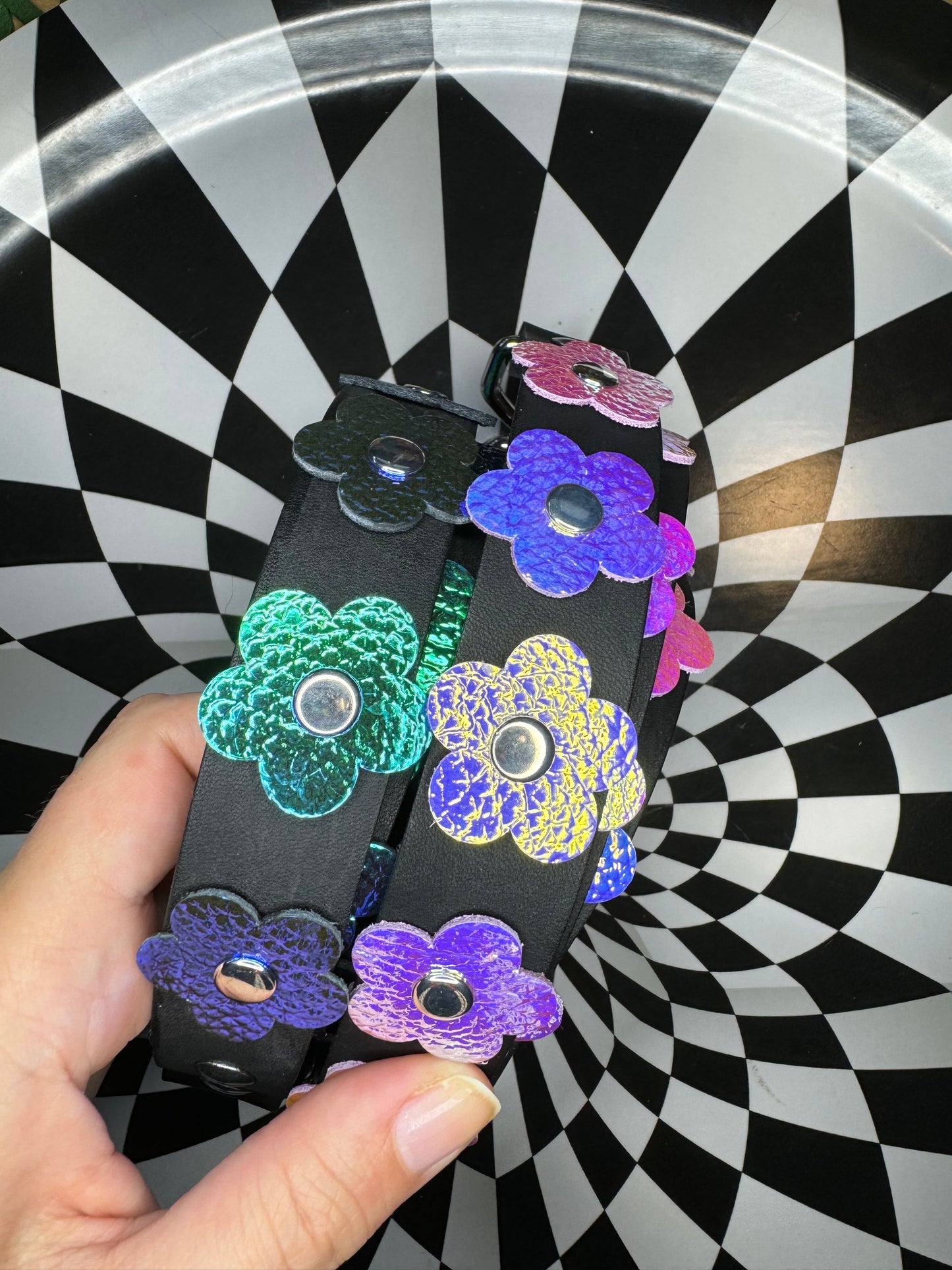 Flower power leather replacement purse strap! Rainbows or holographic flowers!