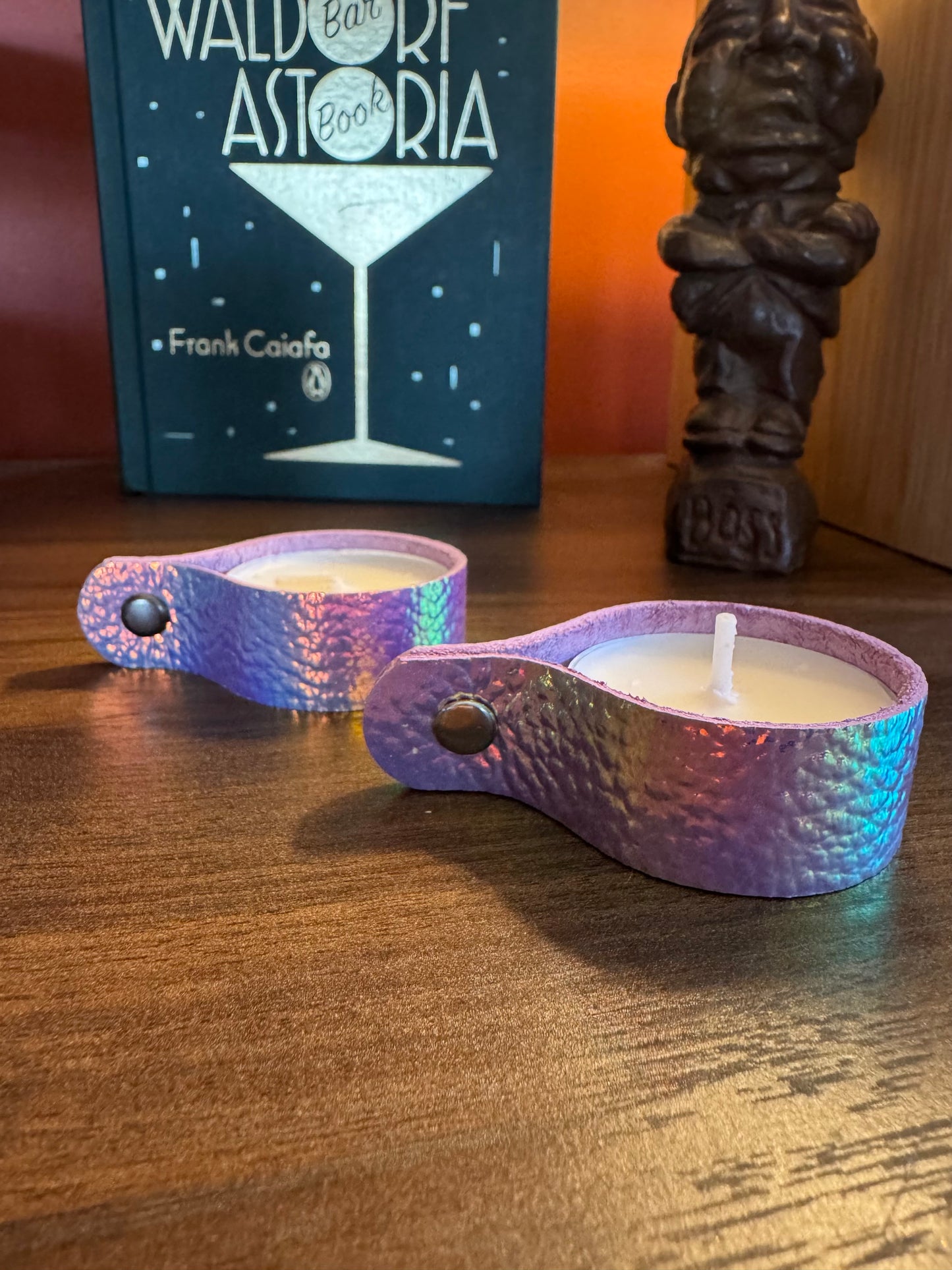 Candle holders! Leather candle holders that is! Bright fun colored votive tea light