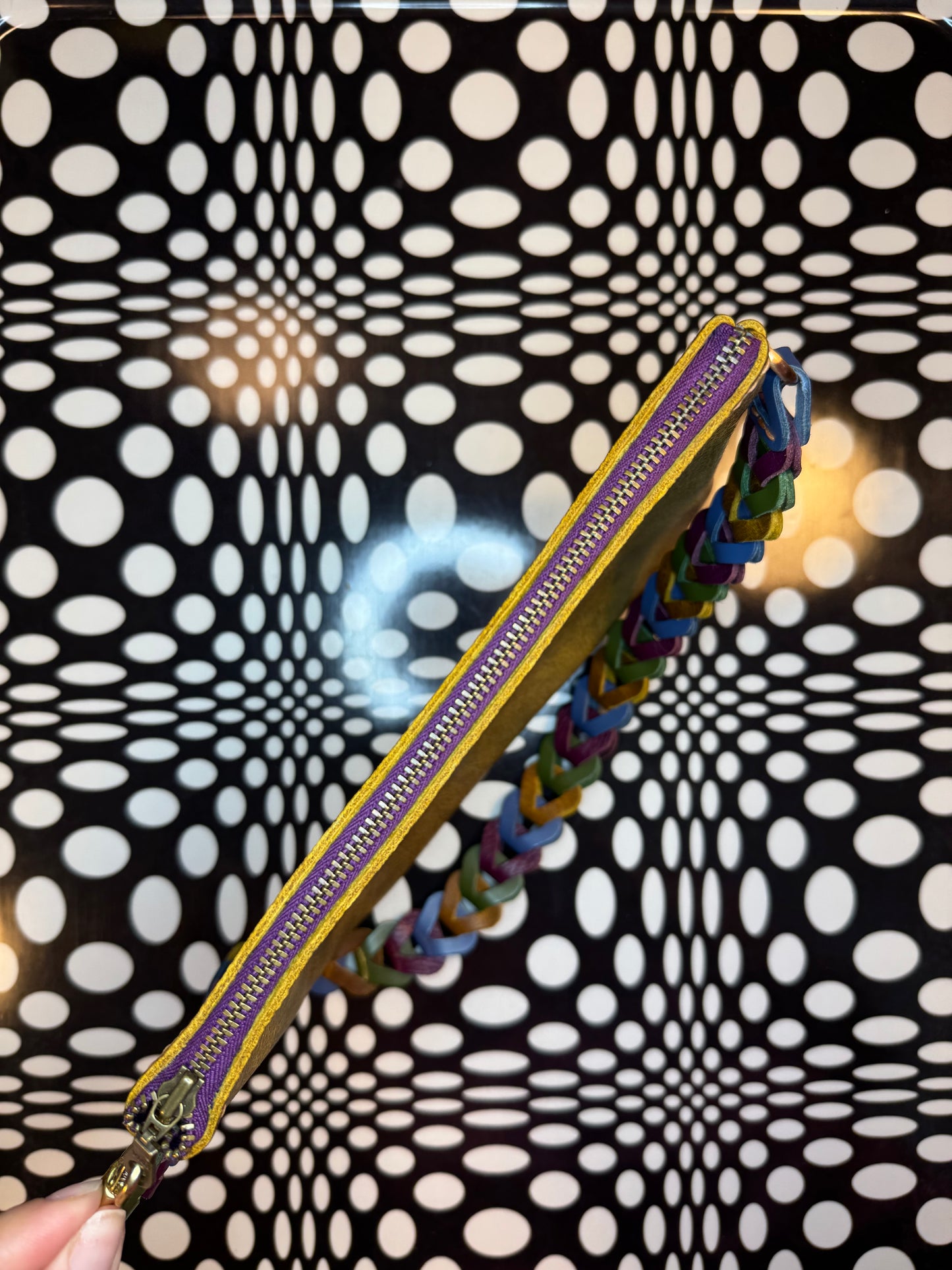 Betsey Hand sewn bison leather wristlet/shoulder bag! Fun retro strap