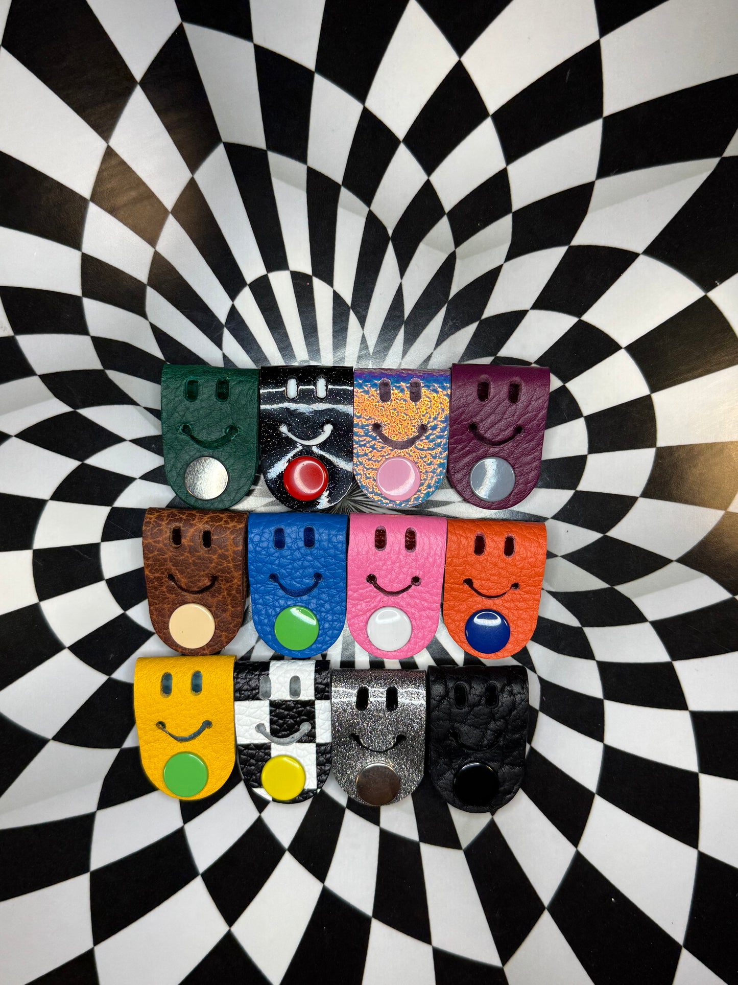 Cord creepers!! (Keepers) Happy smiley face leather strap charms!