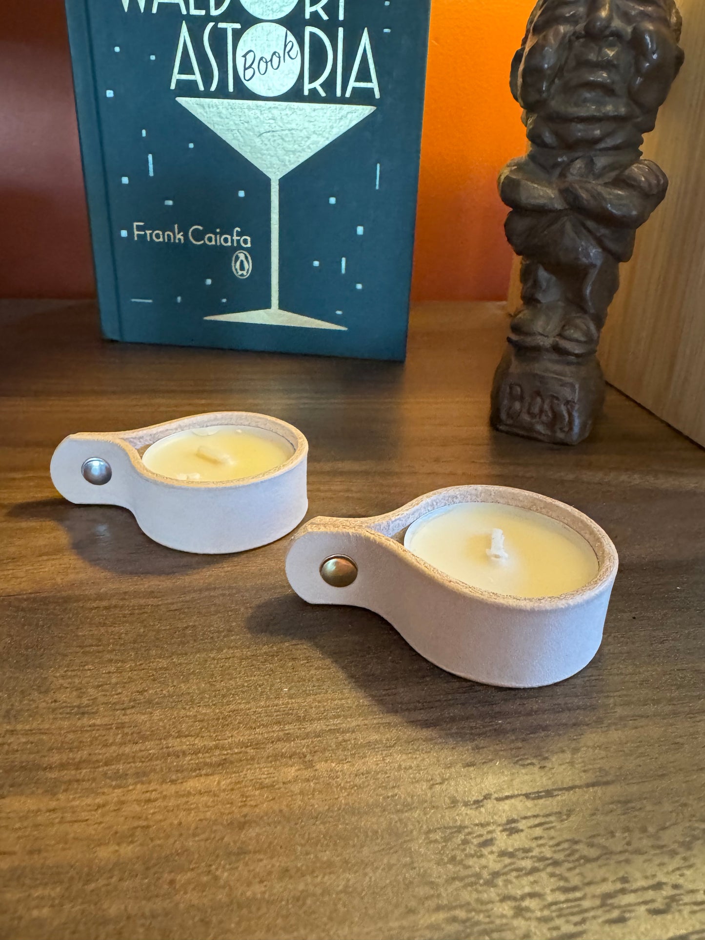 Candle holders! Leather candle holders that is! Bright fun colored votive tea light