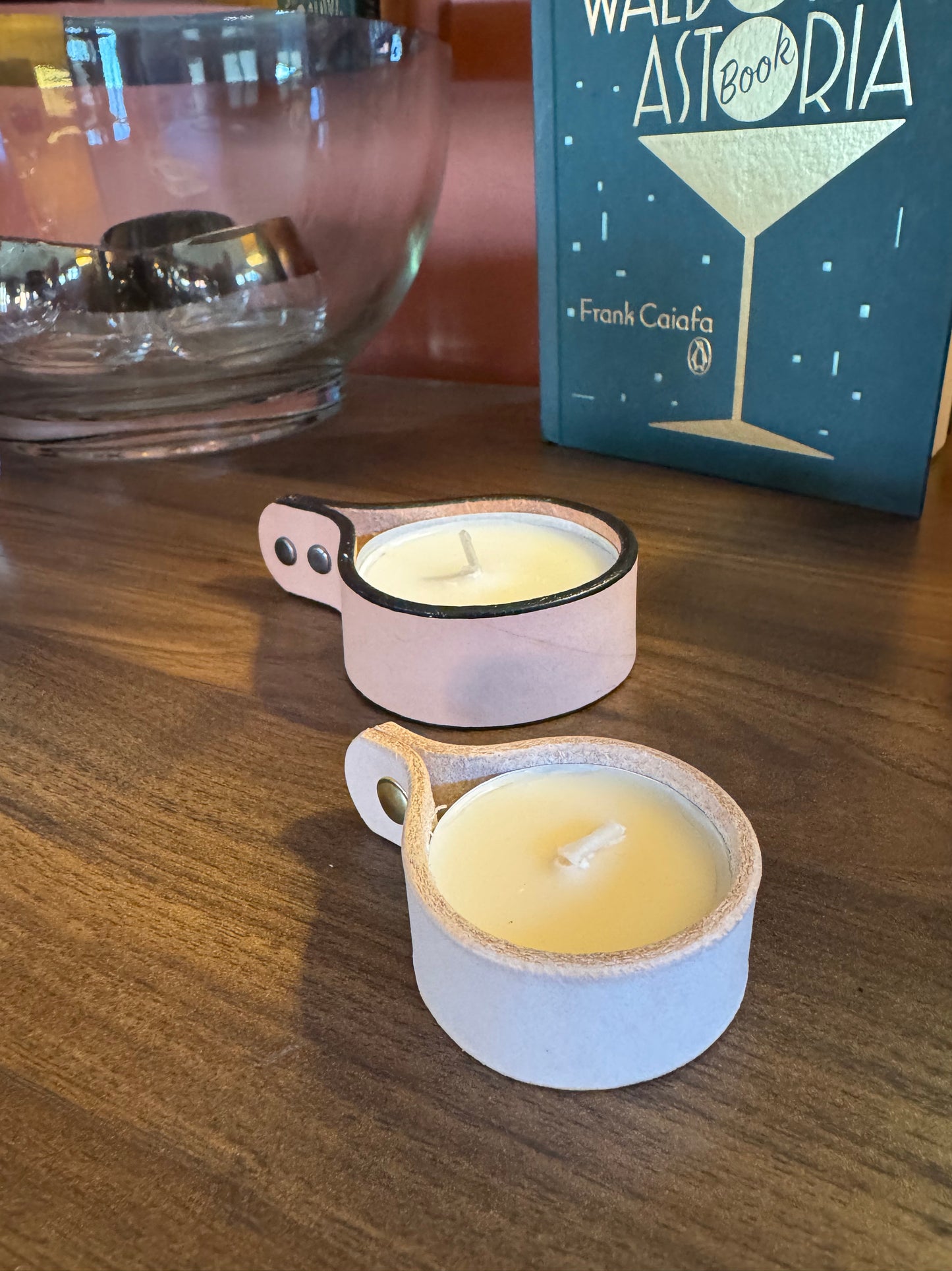 Candle holders! Leather candle holders that is! Bright fun colored votive tea light