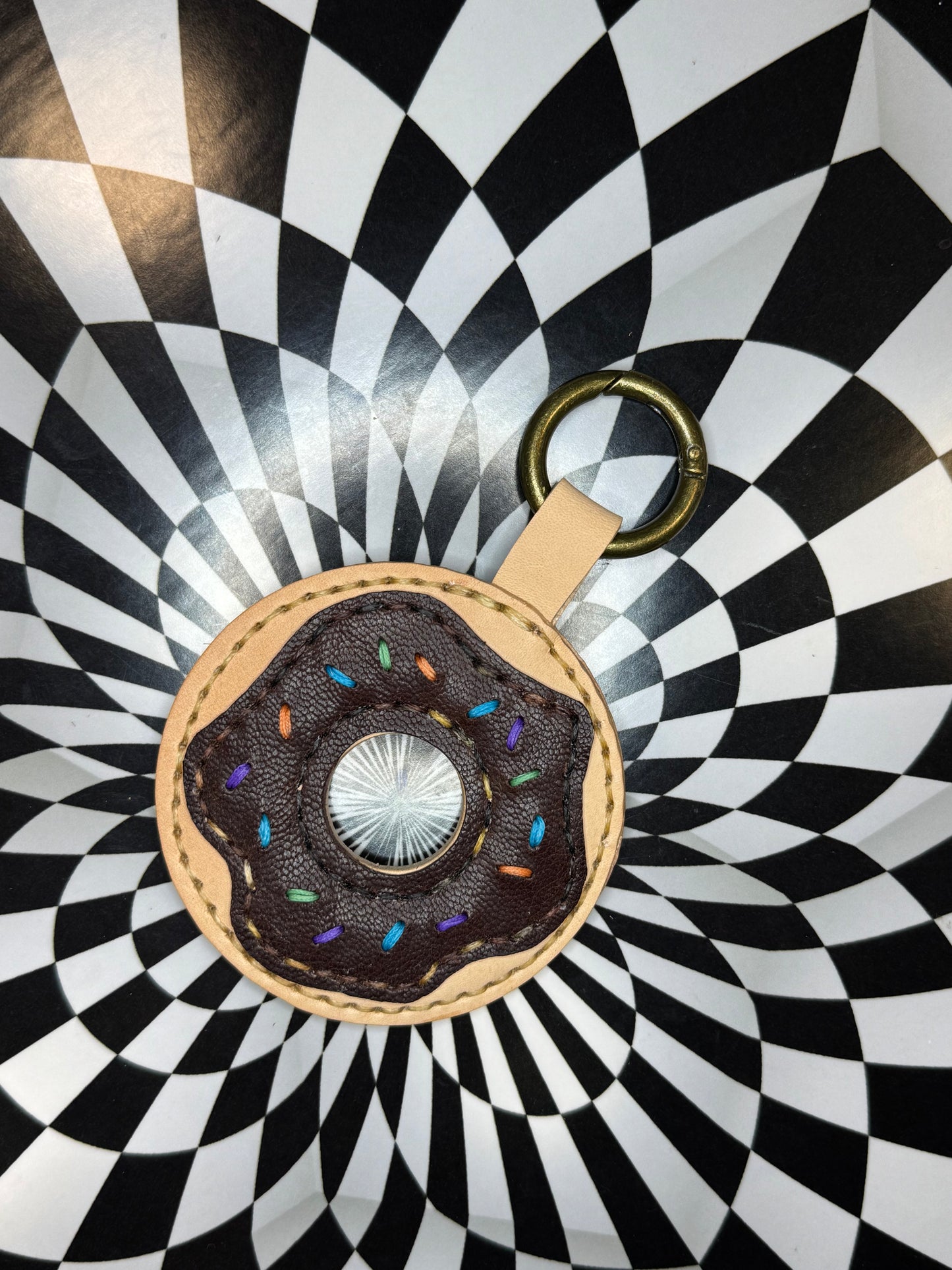 Donut! Hand sewn leather sprinkle donut bag charm, keychain, flair!