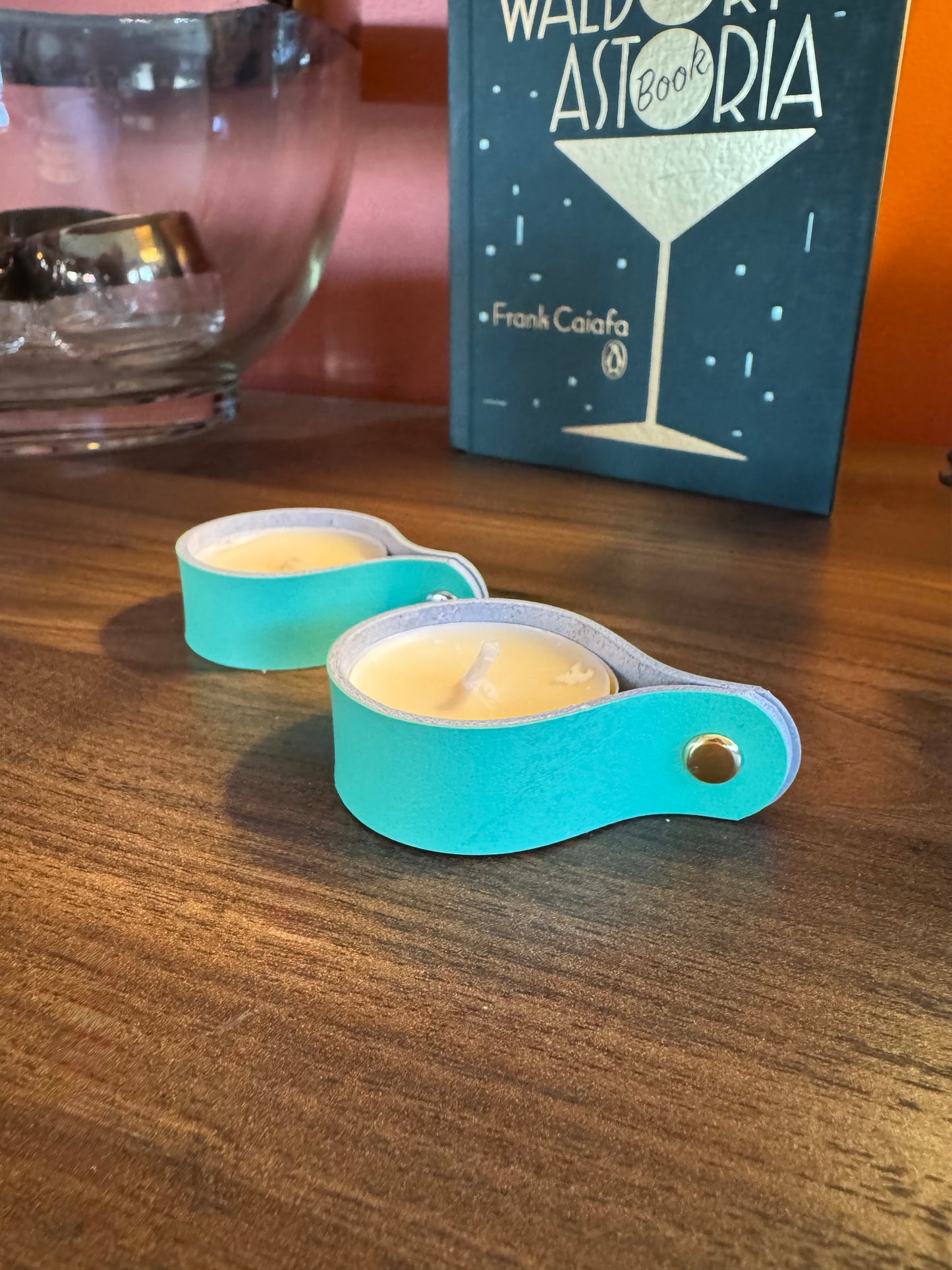 Candle holders! Leather candle holders that is! Bright fun colored votive tea light