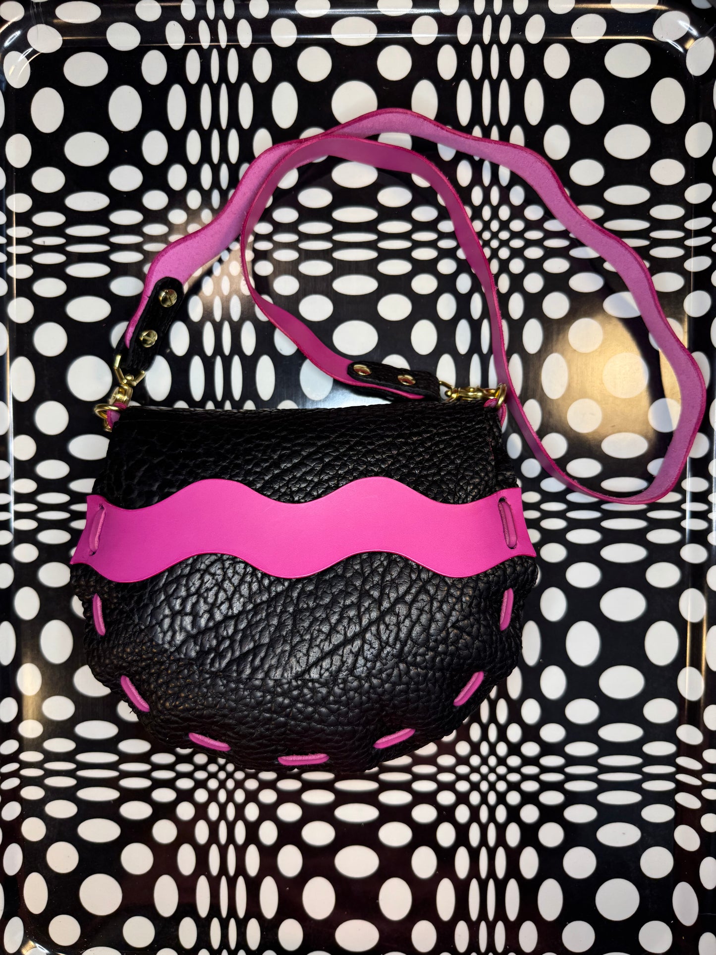 Laced leather saddle bag! One of a kind shoulder purse with wavy squiggly strap! Hand made, hand painted, shrunken bison or veg tan leather