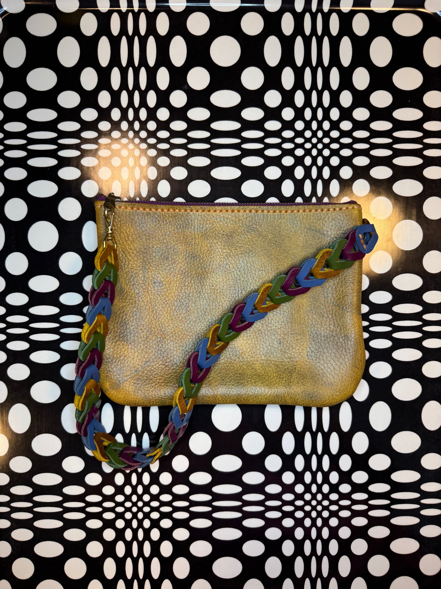 Betsey Hand sewn bison leather wristlet/shoulder bag! Fun retro strap