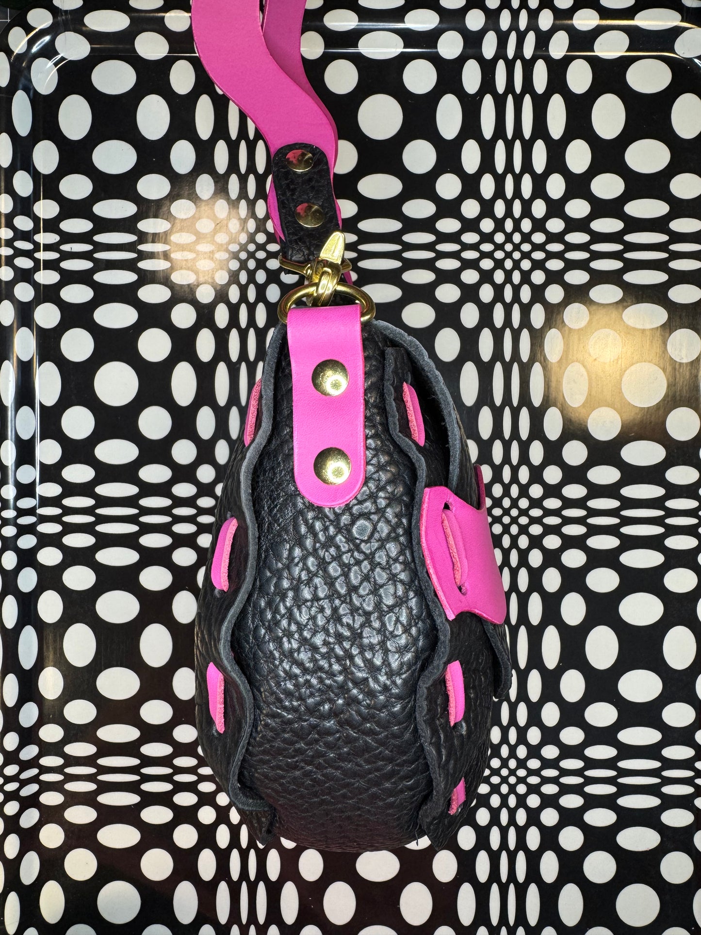 Laced leather saddle bag! One of a kind shoulder purse with wavy squiggly strap! Hand made, hand painted, shrunken bison or veg tan leather