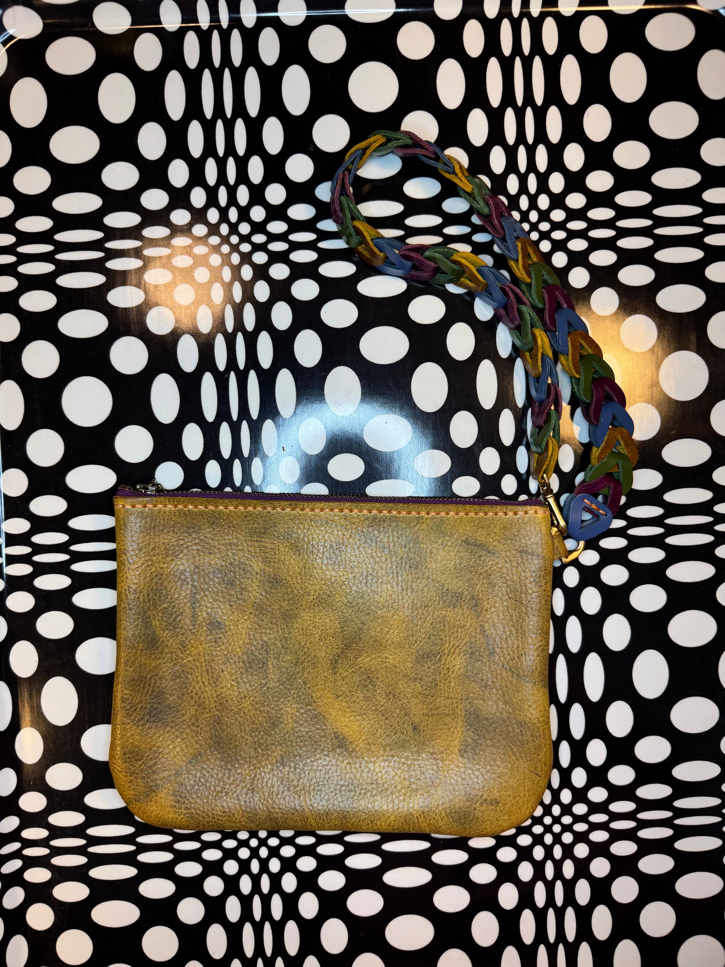 Betsey Hand sewn bison leather wristlet/shoulder bag! Fun retro strap