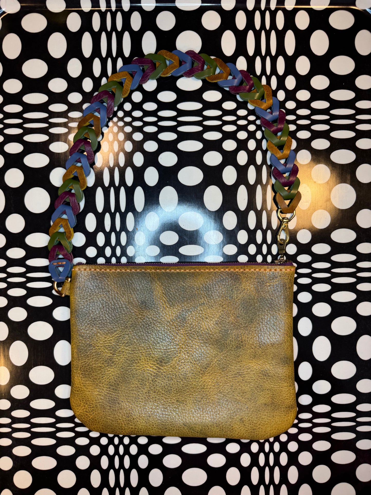 Betsey Hand sewn bison leather wristlet/shoulder bag! Fun retro strap
