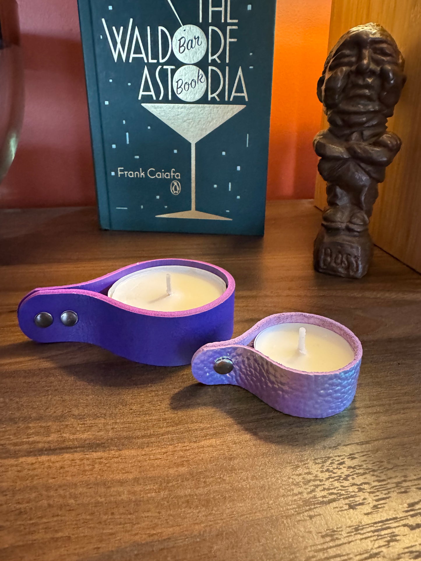 Candle holders! Leather candle holders that is! Bright fun colored votive tea light