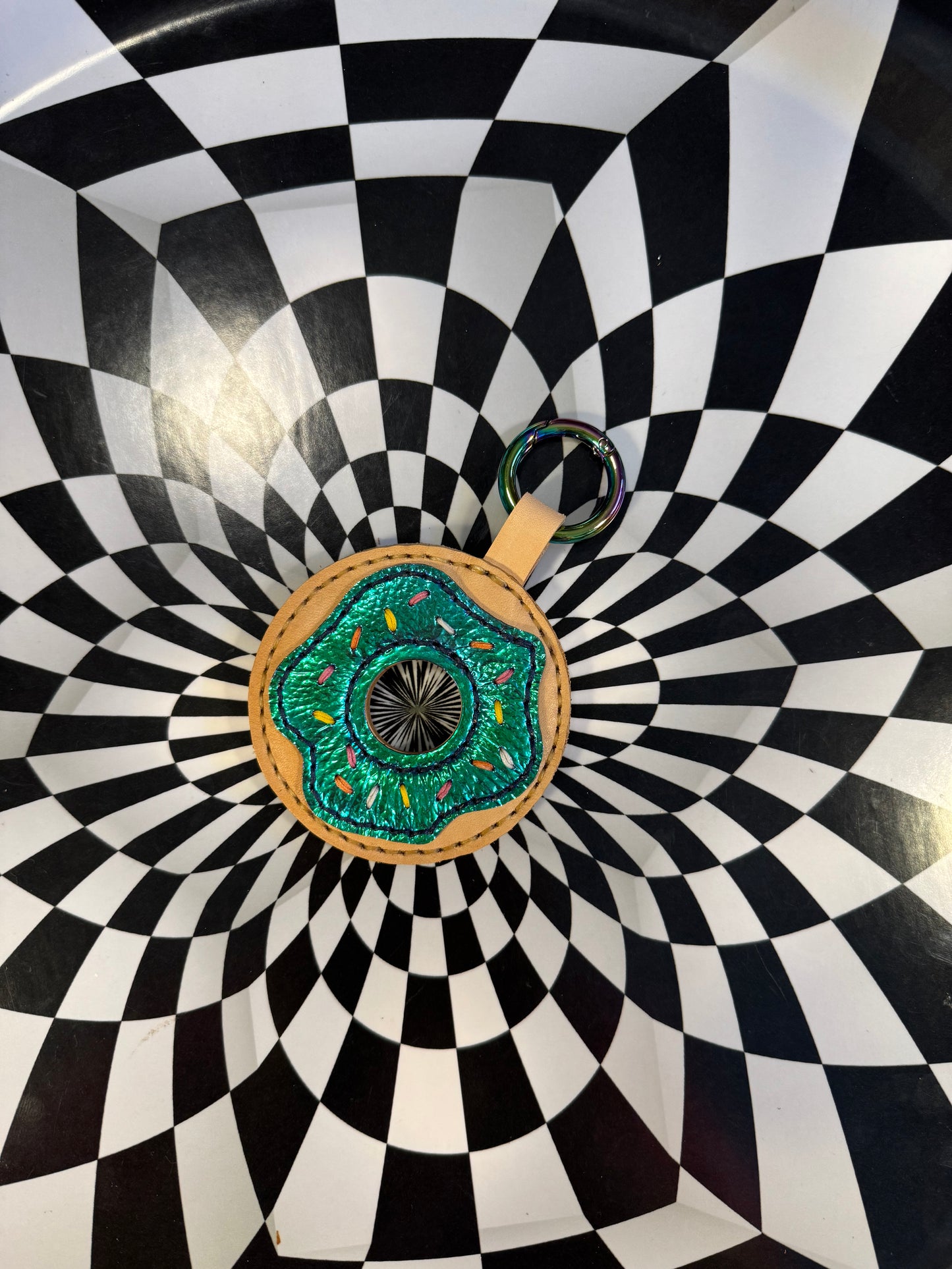 Donut! Hand sewn leather sprinkle donut bag charm, keychain, flair!