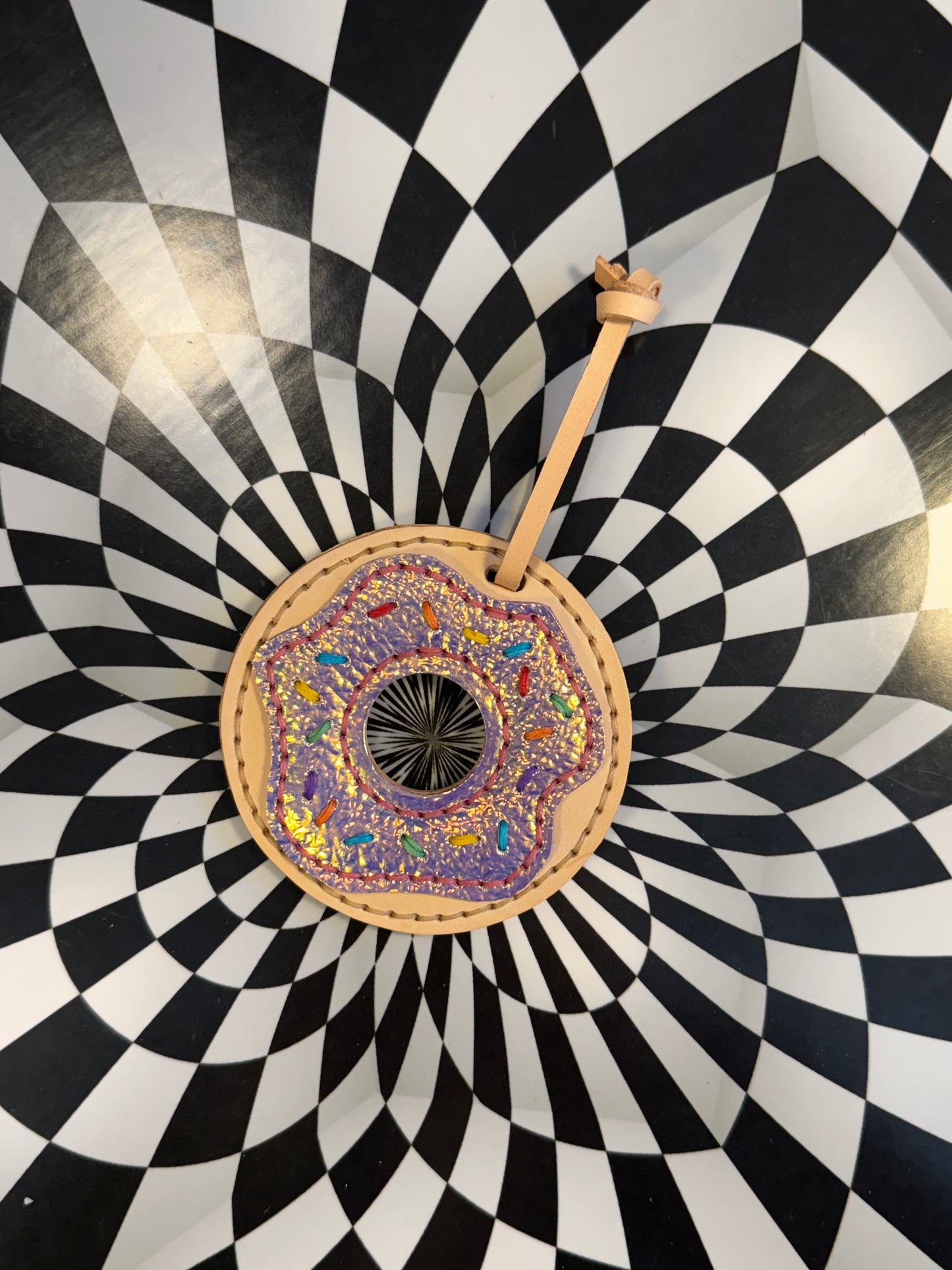 Donut! Hand sewn leather sprinkle donut bag charm, keychain, flair!