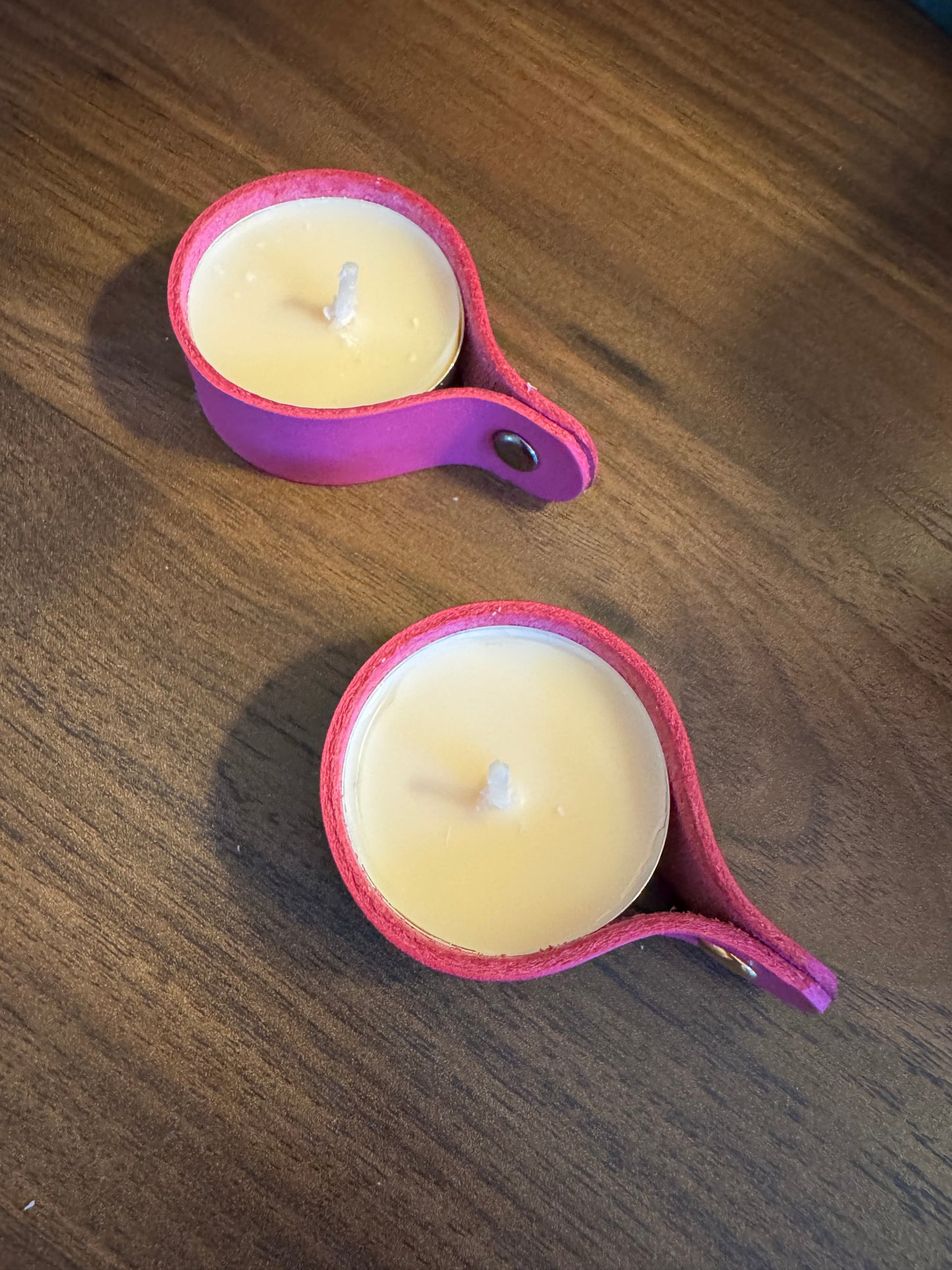 Candle holders! Leather candle holders that is! Bright fun colored votive tea light