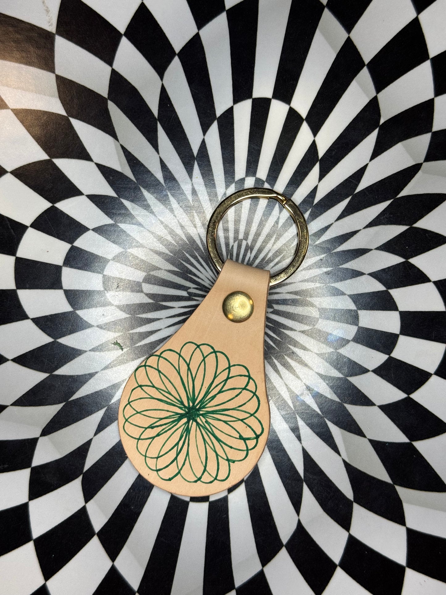 Spirograph Leather Keychain | Hand Stamped Veg Tan Leather Key Fob