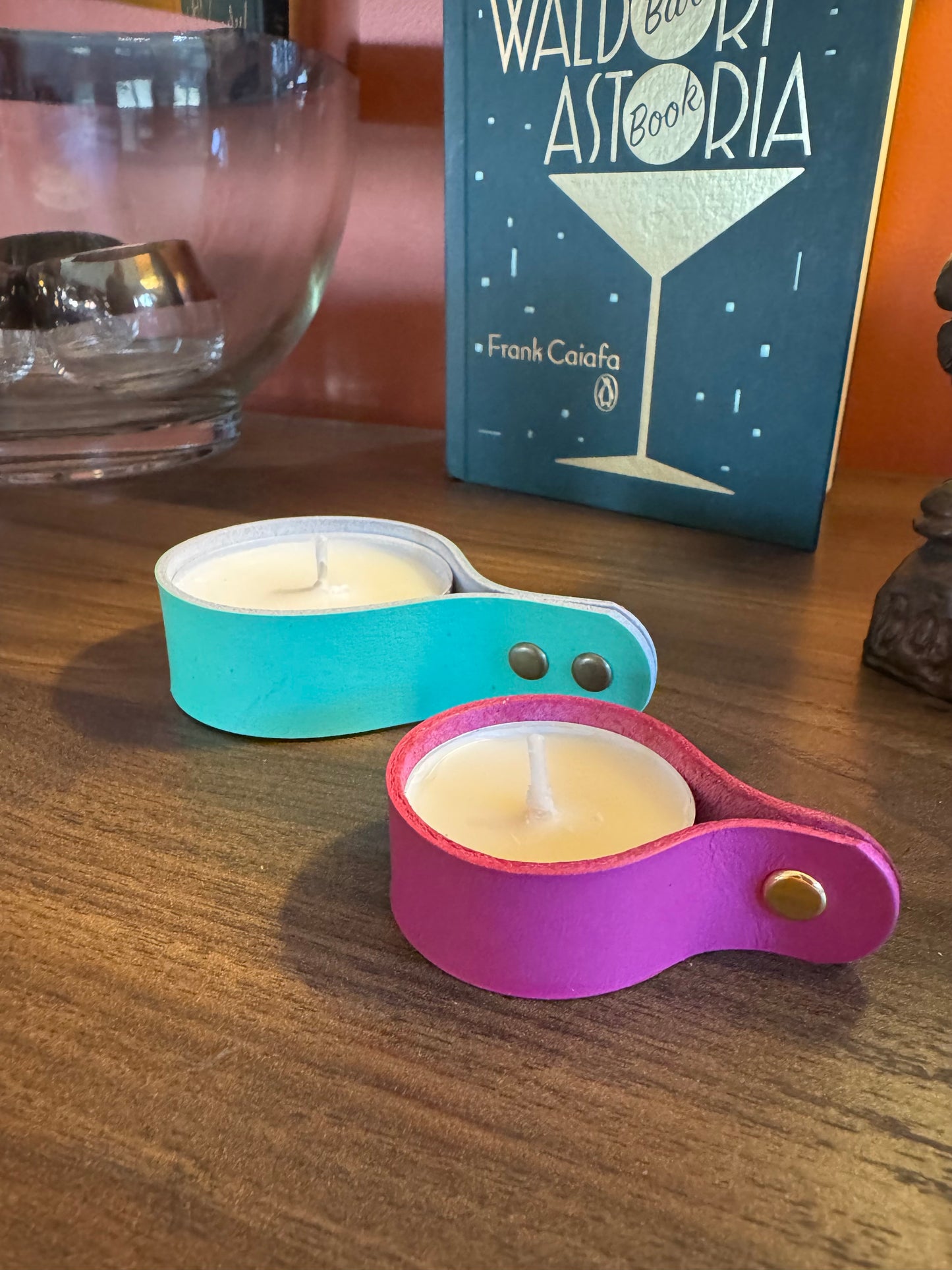Candle holders! Leather candle holders that is! Bright fun colored votive tea light