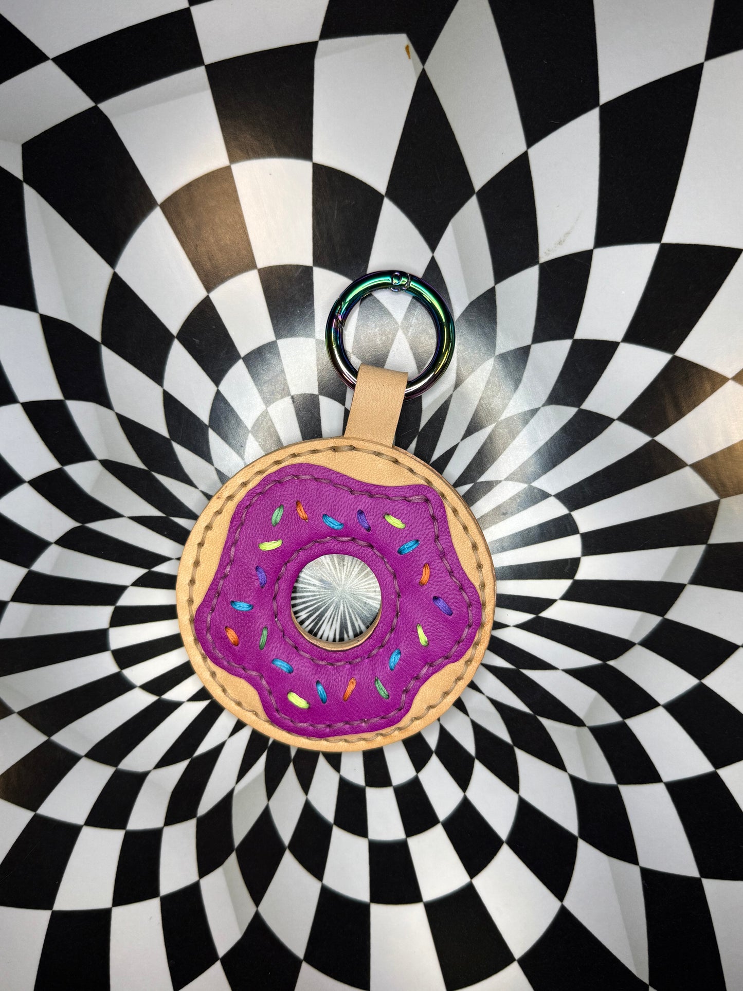 Donut! Hand sewn leather sprinkle donut bag charm, keychain, flair!