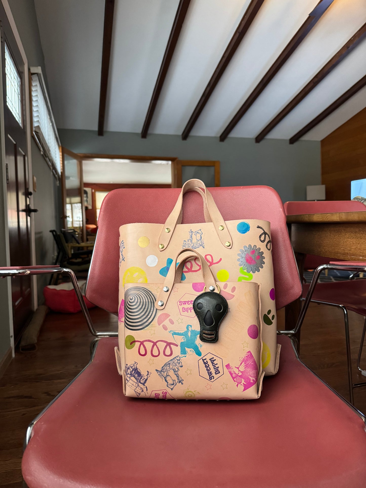 Feelin’ Groovy thick veg tan laced tote bag! One of a kind stamped leather unique satchel!