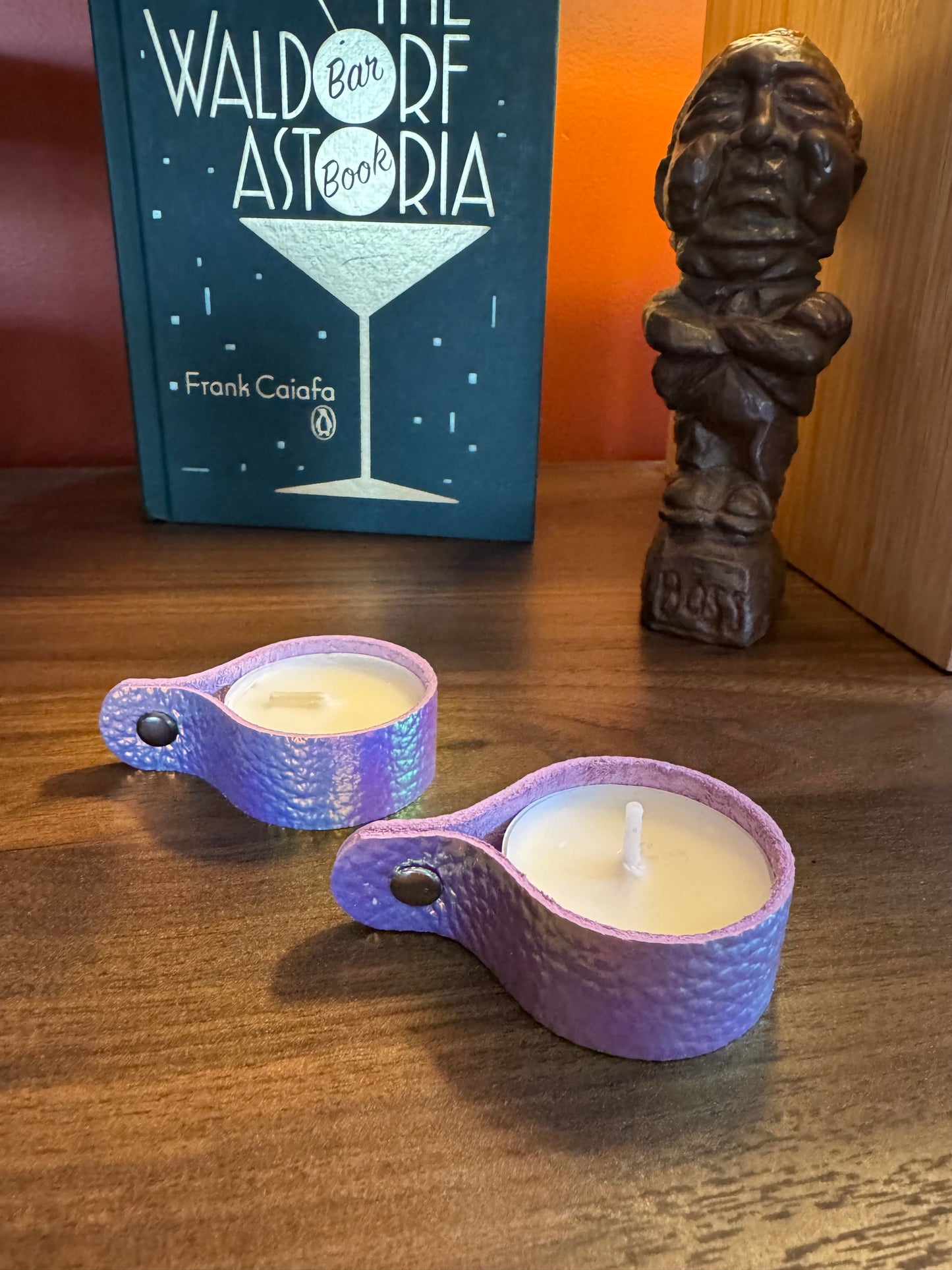 Candle holders! Leather candle holders that is! Bright fun colored votive tea light