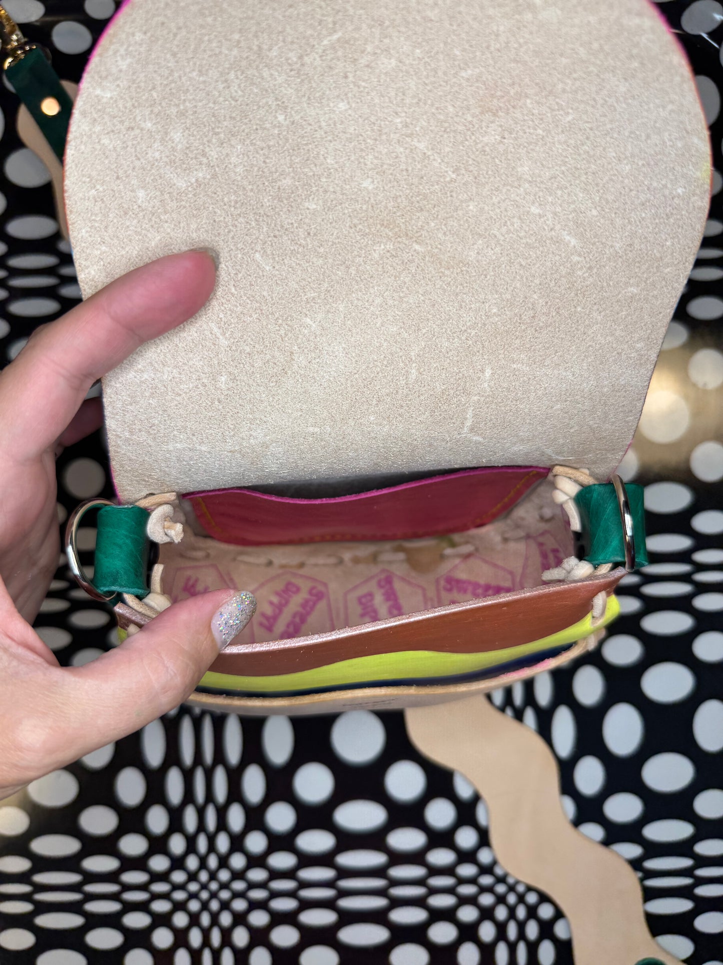Laced leather saddle bag! One of a kind shoulder purse with wavy squiggly strap! Hand made, hand painted, shrunken bison or veg tan leather