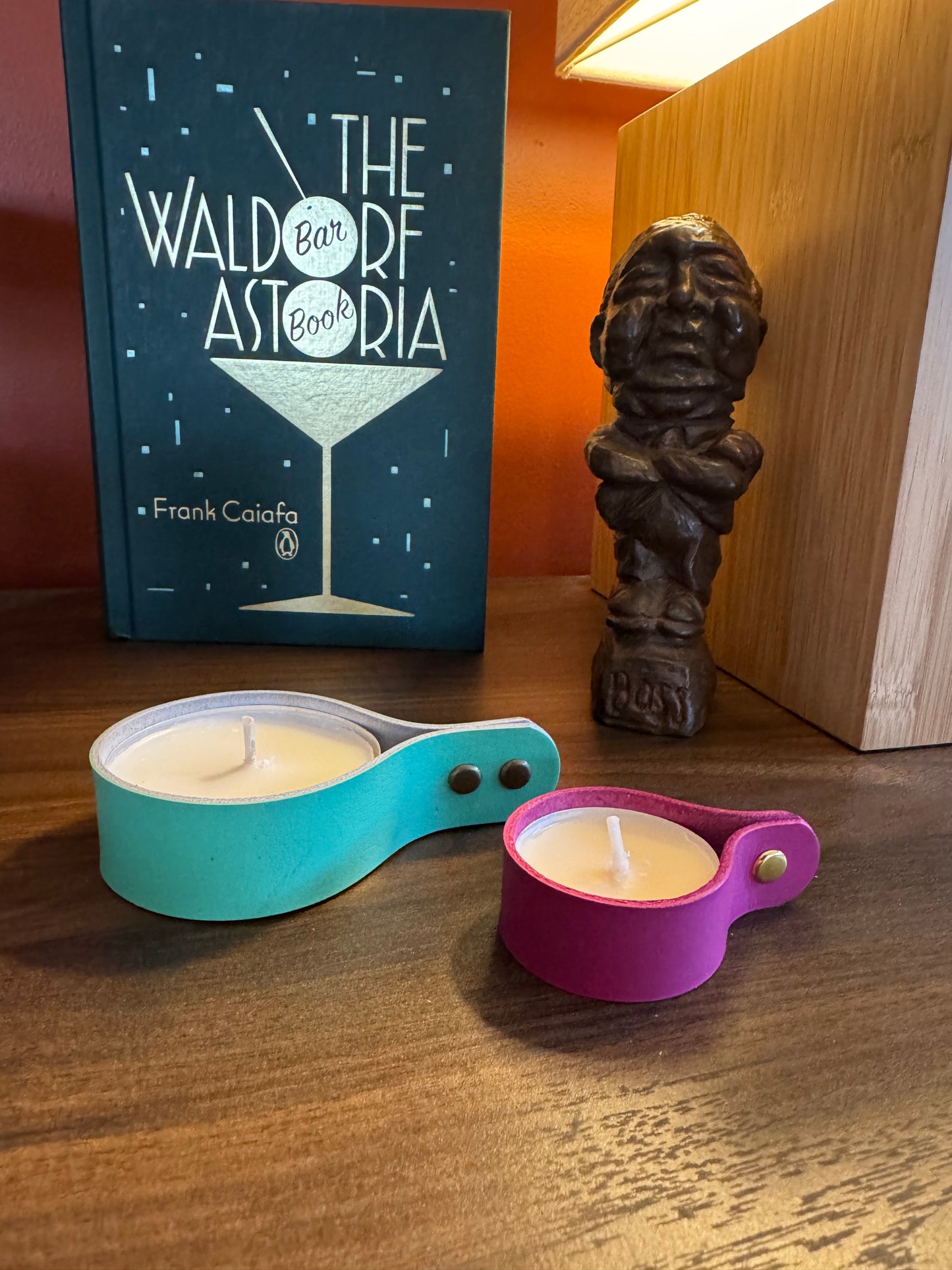 Candle holders! Leather candle holders that is! Bright fun colored votive tea light