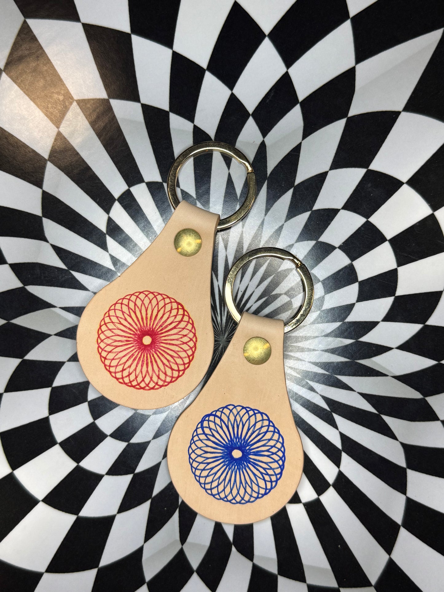Spirograph Leather Keychain | Hand Stamped Veg Tan Leather Key Fob