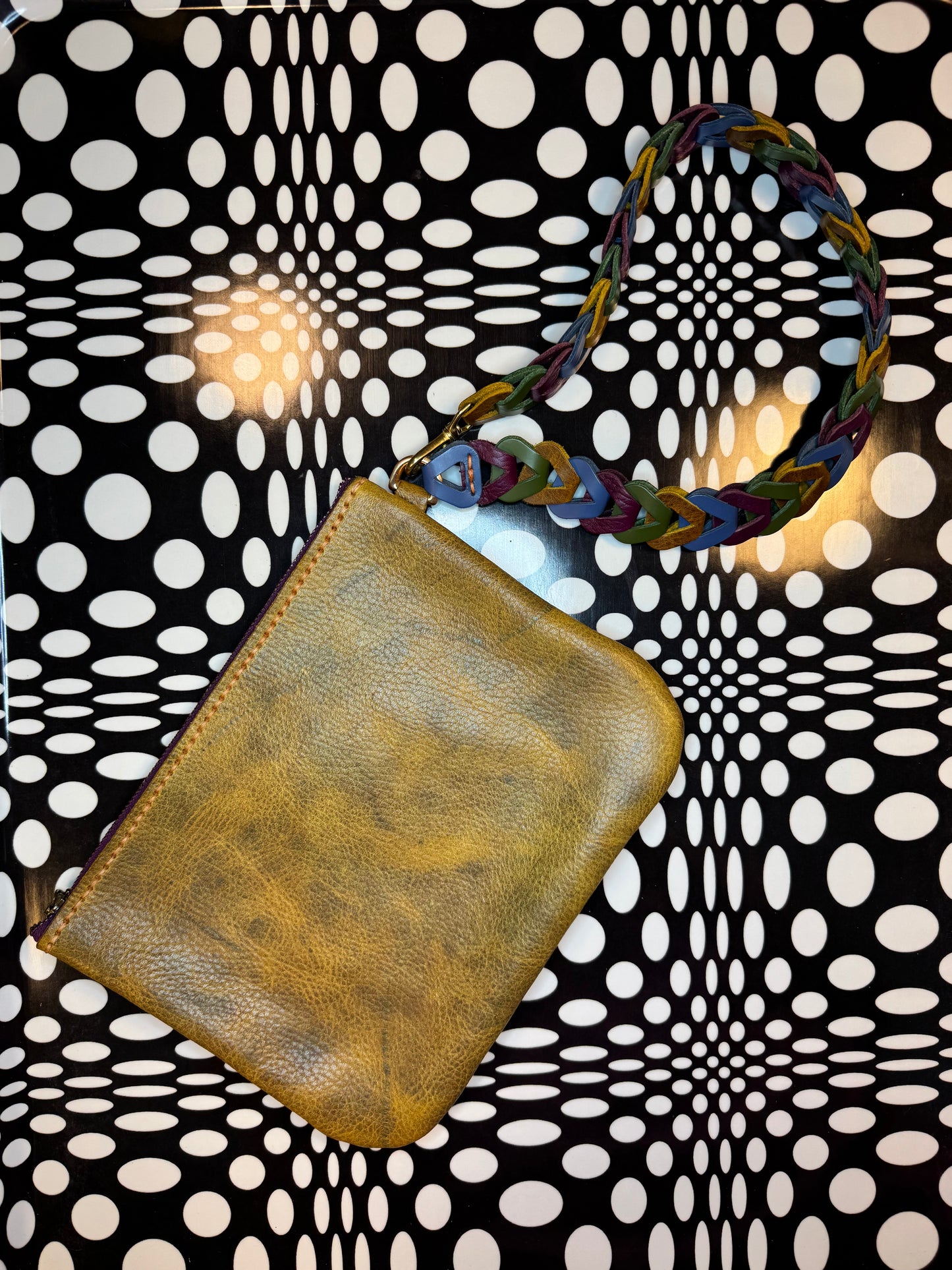 Betsey Hand sewn bison leather wristlet/shoulder bag! Fun retro strap