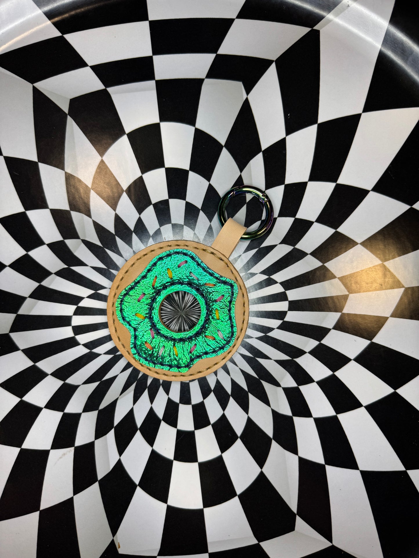 Donut! Hand sewn leather sprinkle donut bag charm, keychain, flair!