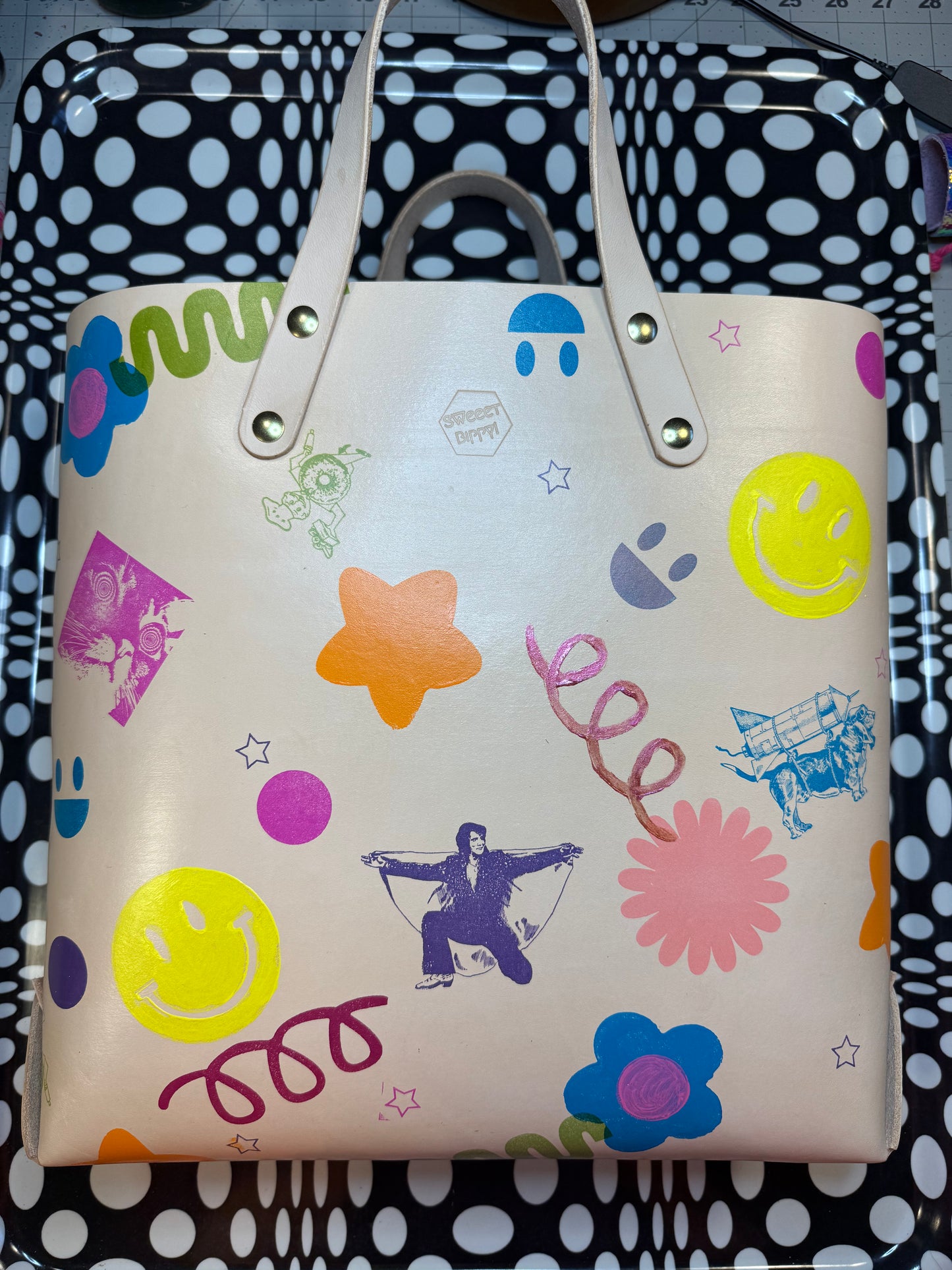 Feelin’ Groovy thick veg tan laced tote bag! One of a kind stamped leather unique satchel!