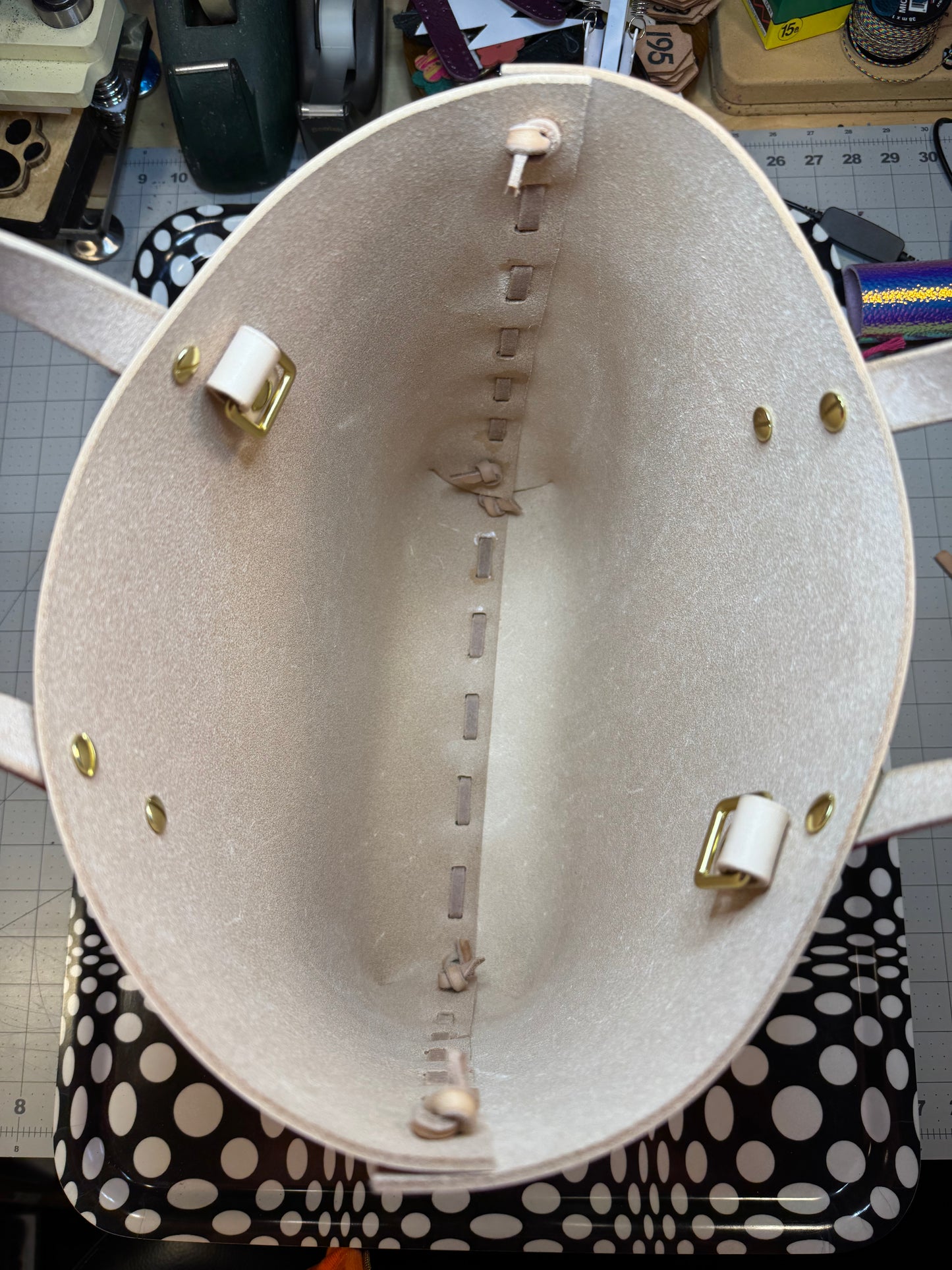 Feelin’ Groovy thick veg tan laced tote bag! One of a kind stamped leather unique satchel!