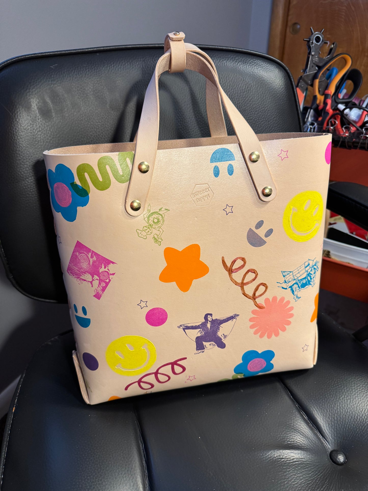 Feelin’ Groovy thick veg tan laced tote bag! One of a kind stamped leather unique satchel!