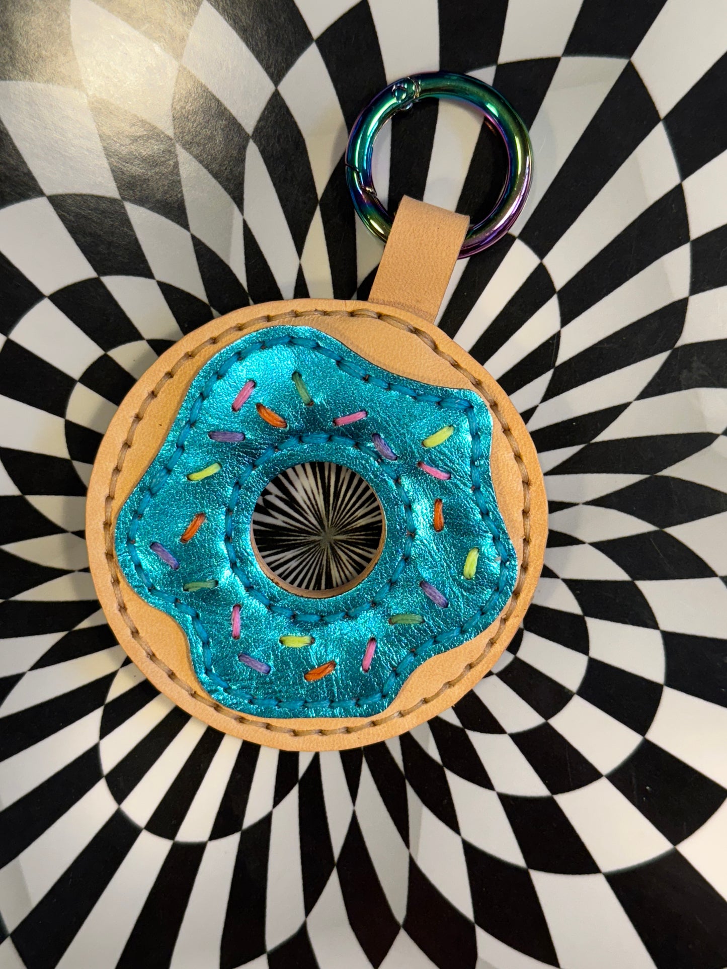 Donut! Hand sewn leather sprinkle donut bag charm, keychain, flair!