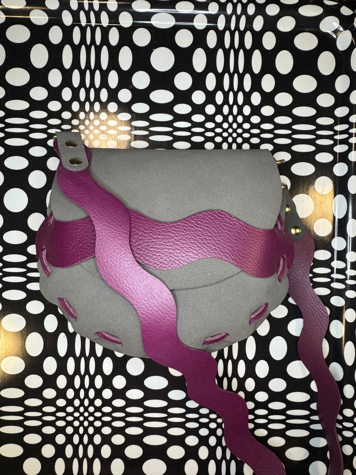 Laced leather saddle bag! One of a kind shoulder purse with wavy squiggly strap! Hand made, hand painted, shrunken bison or veg tan leather