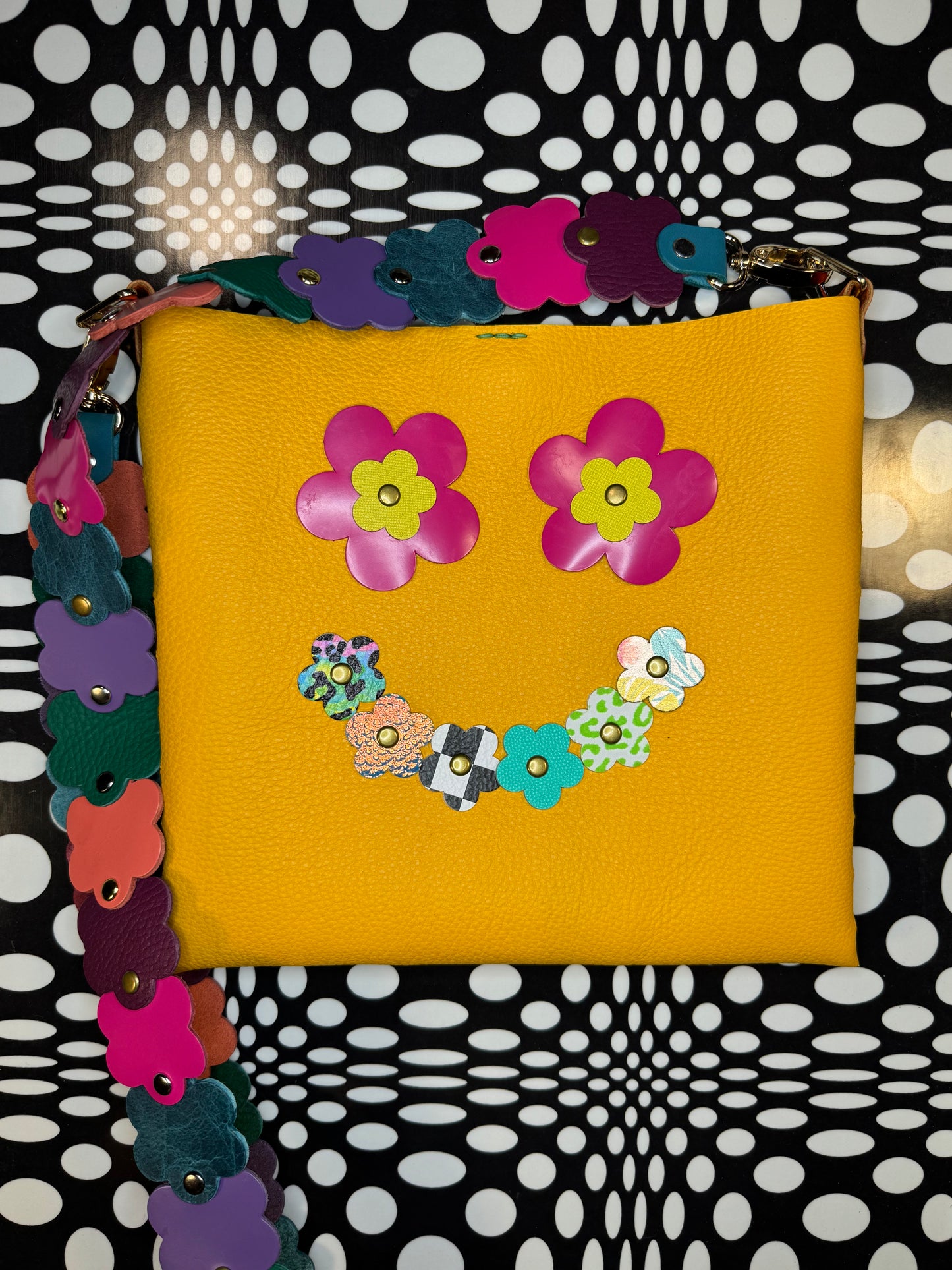 Mood Swing Bag | Reversible Happy Face & Sad Face Handmade Leather Bag with Flower Strap