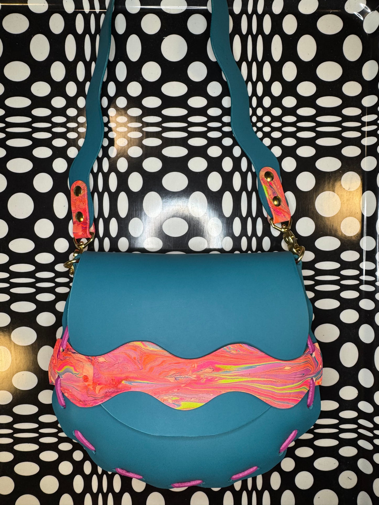 Laced leather saddle bag! One of a kind shoulder purse with wavy squiggly strap! Hand made, hand painted, shrunken bison or veg tan leather