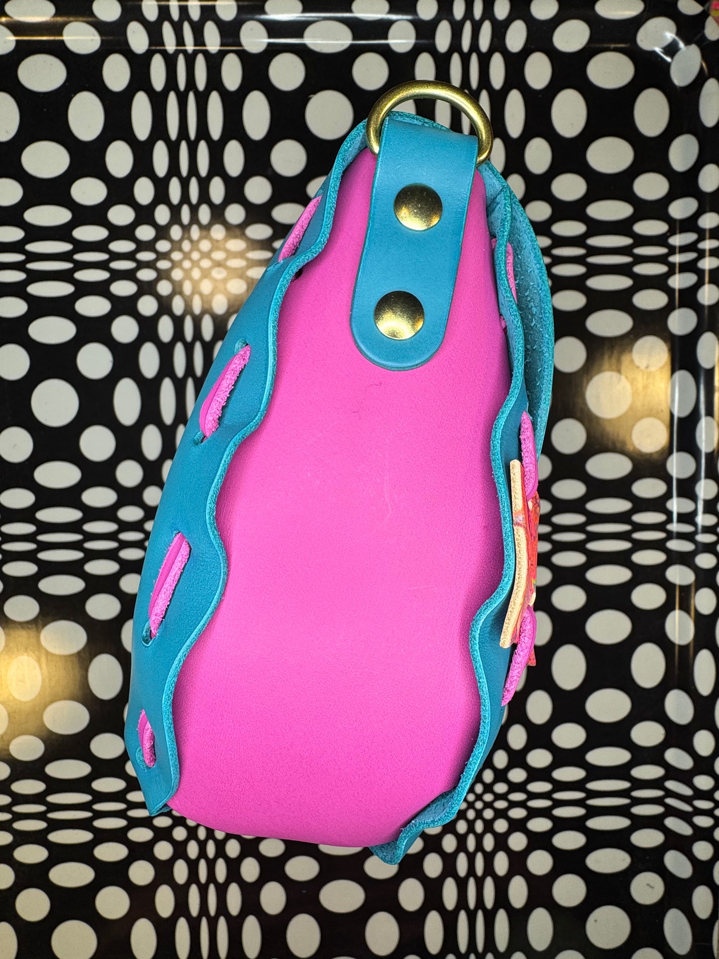 Laced leather saddle bag! One of a kind shoulder purse with wavy squiggly strap! Hand made, hand painted, shrunken bison or veg tan leather