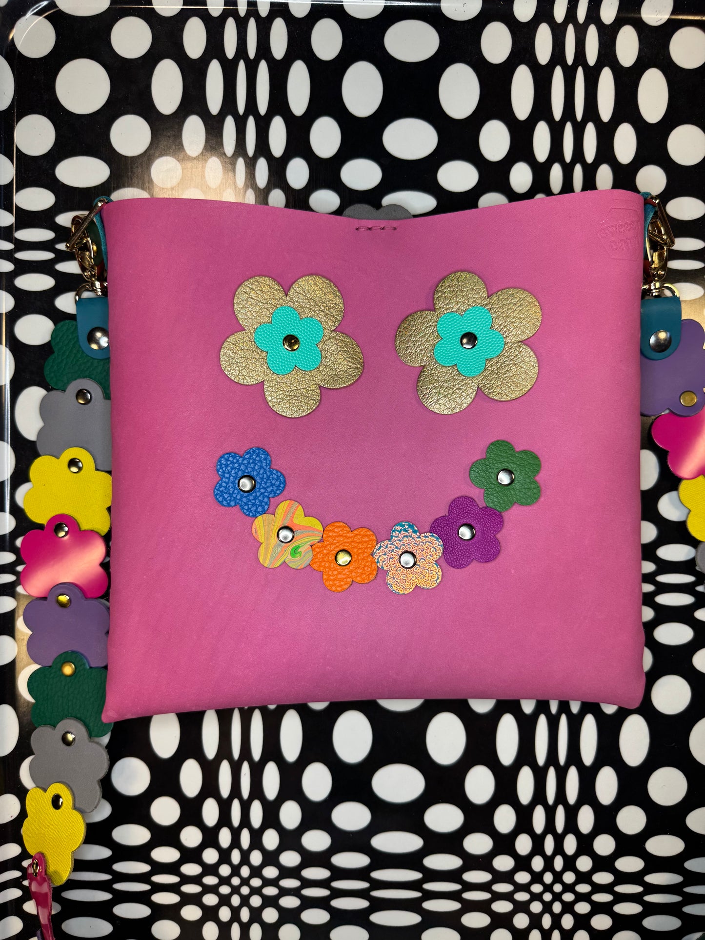 Mood Swing Bag | Reversible Happy Face & Sad Face Handmade Leather Bag with Flower Strap