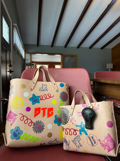 Feelin’ Groovy thick veg tan laced tote bag! One of a kind stamped leather unique satchel!