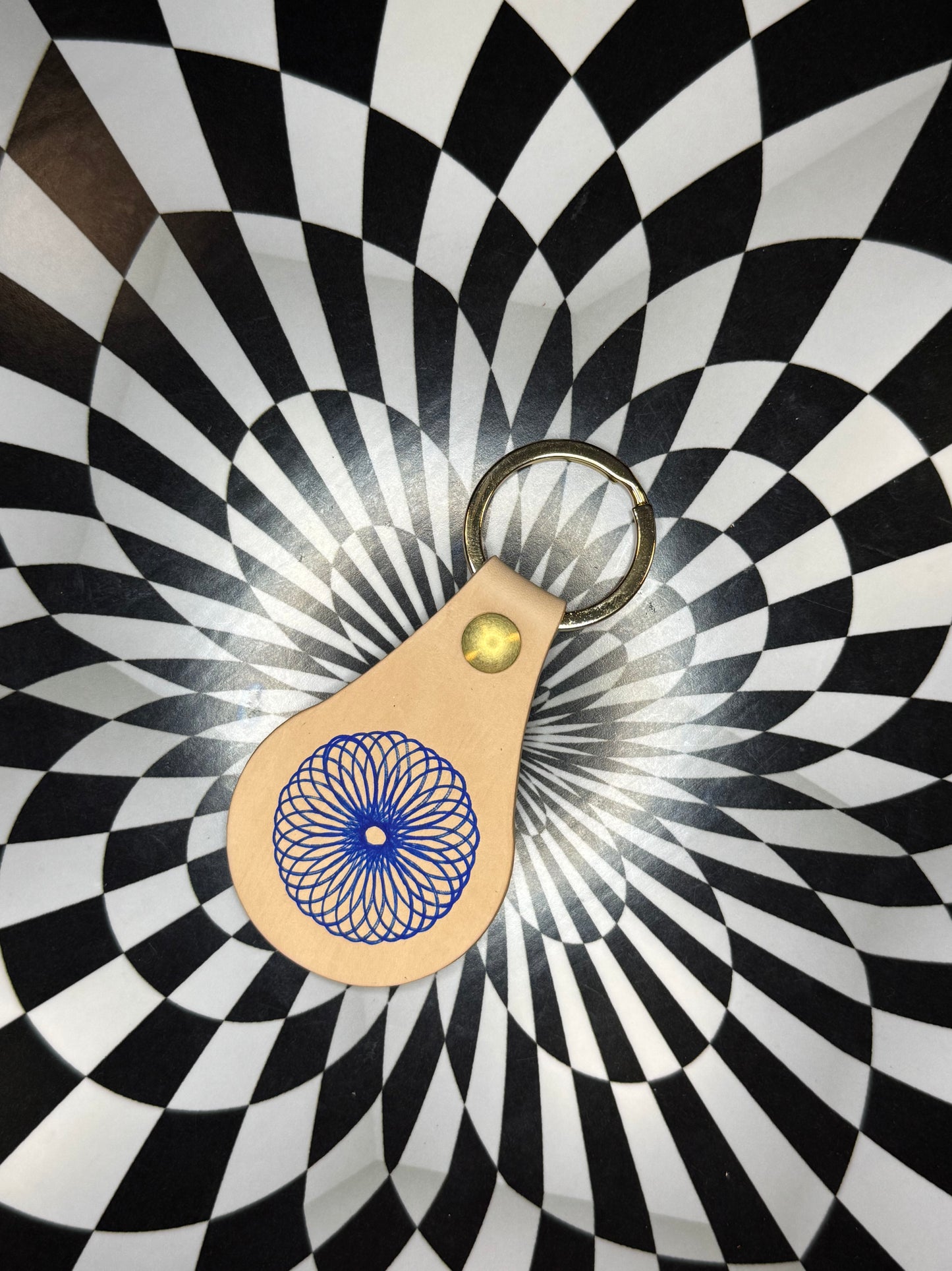 Spirograph Leather Keychain | Hand Stamped Veg Tan Leather Key Fob