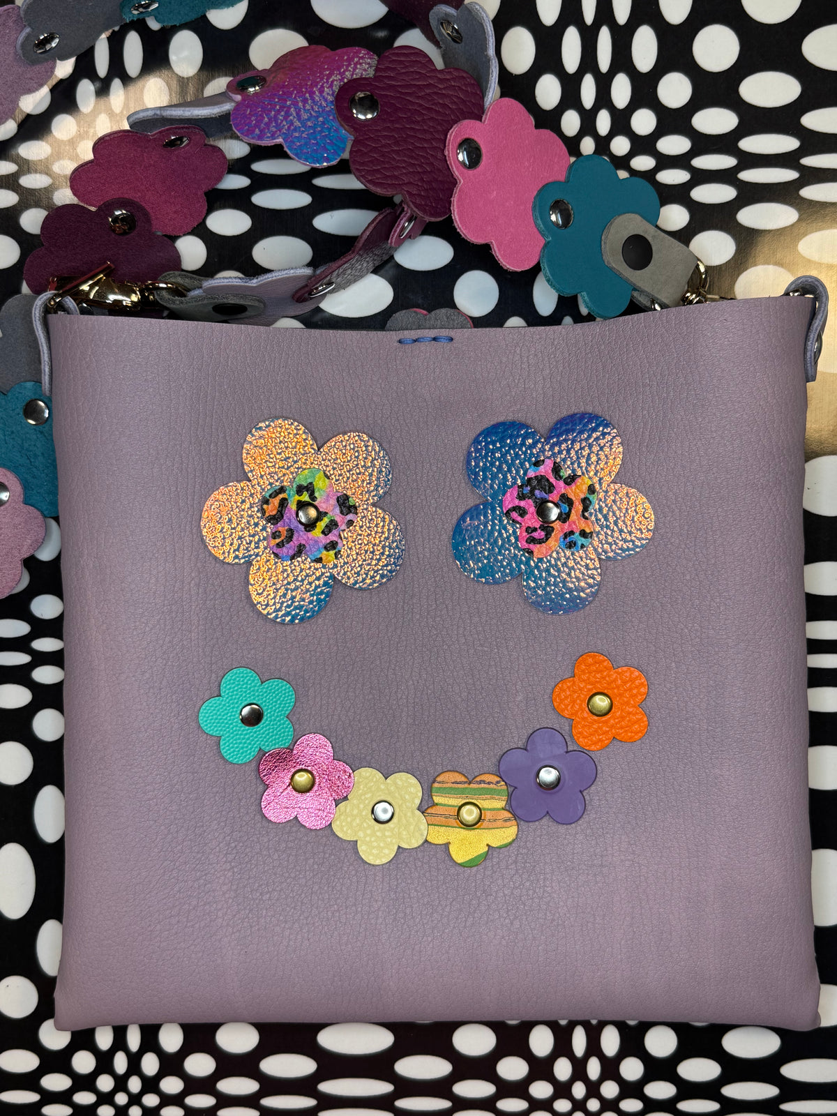 Mood Swing Bag | Reversible Happy Face & Sad Face Handmade Leather Bag with Flower Strap