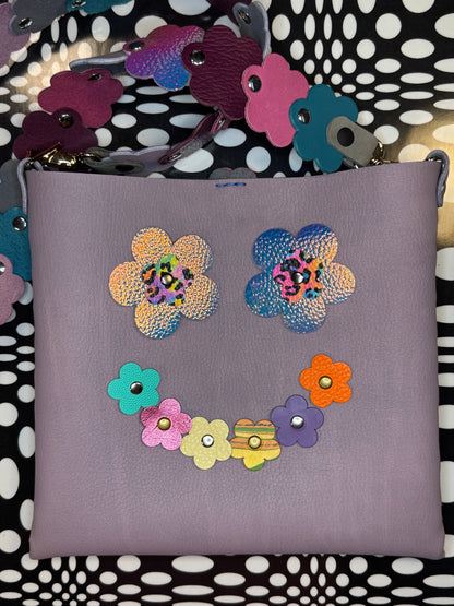 Mood Swing Bag | Reversible Happy Face & Sad Face Handmade Leather Bag with Flower Strap