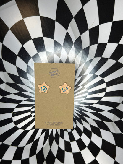 Star and heart leather earrings! Surgical steel stud post hypoallergenic marble dyed one of a kind