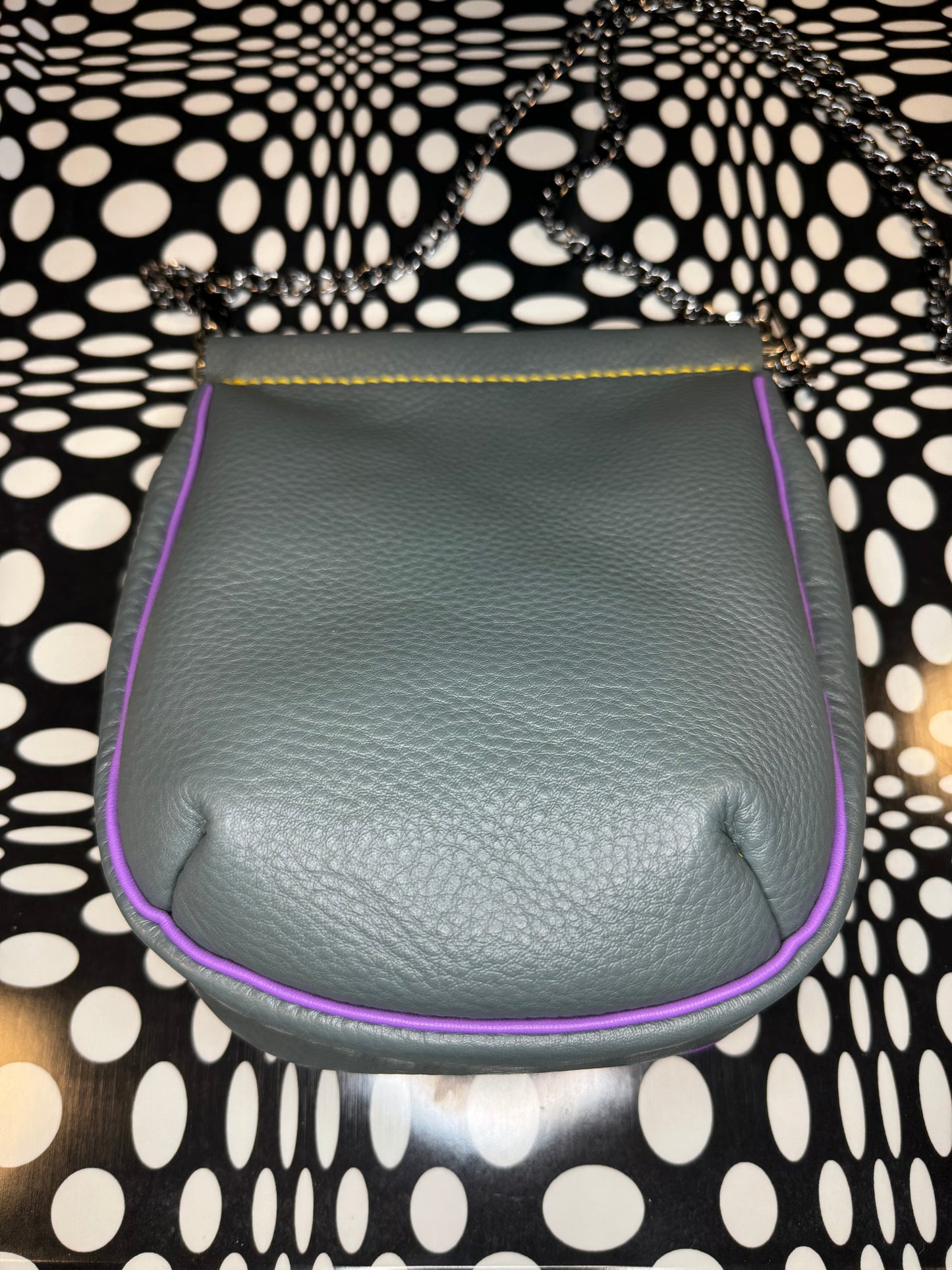 Eeyore grey hand sewn leather crossbody purse WITH lambskin piping! Internal flex frame opening!