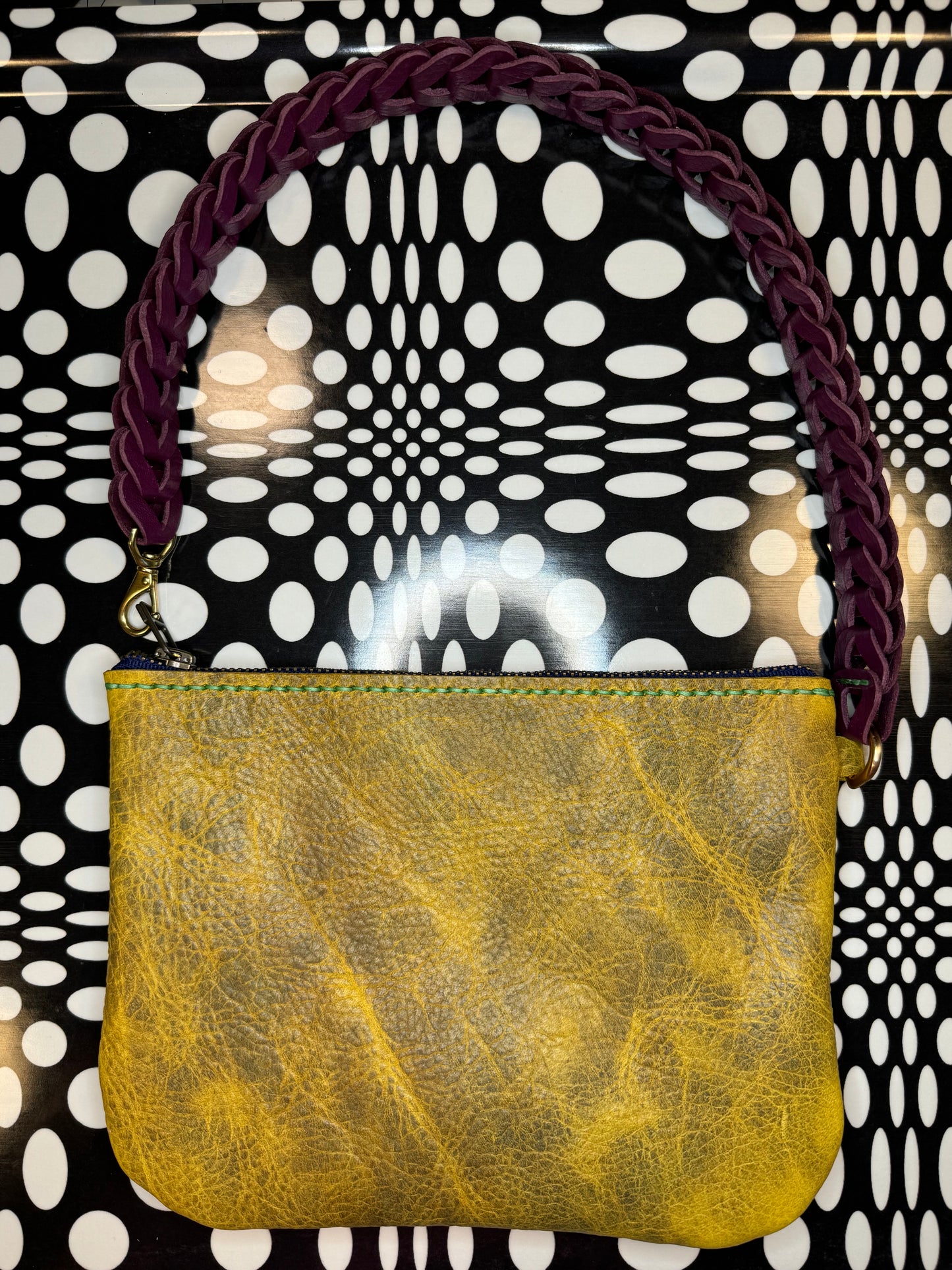 Betsey Hand sewn bison leather wristlet/shoulder bag! Fun retro strap