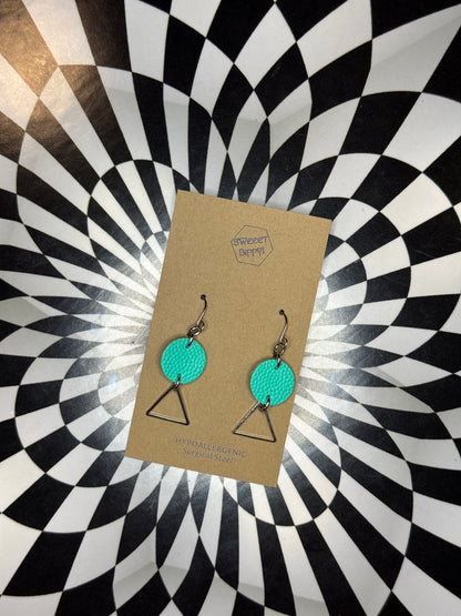 Triangle or hoop unique Leather earrings! Minimalist design ultra lightweight surgical steel hooks!