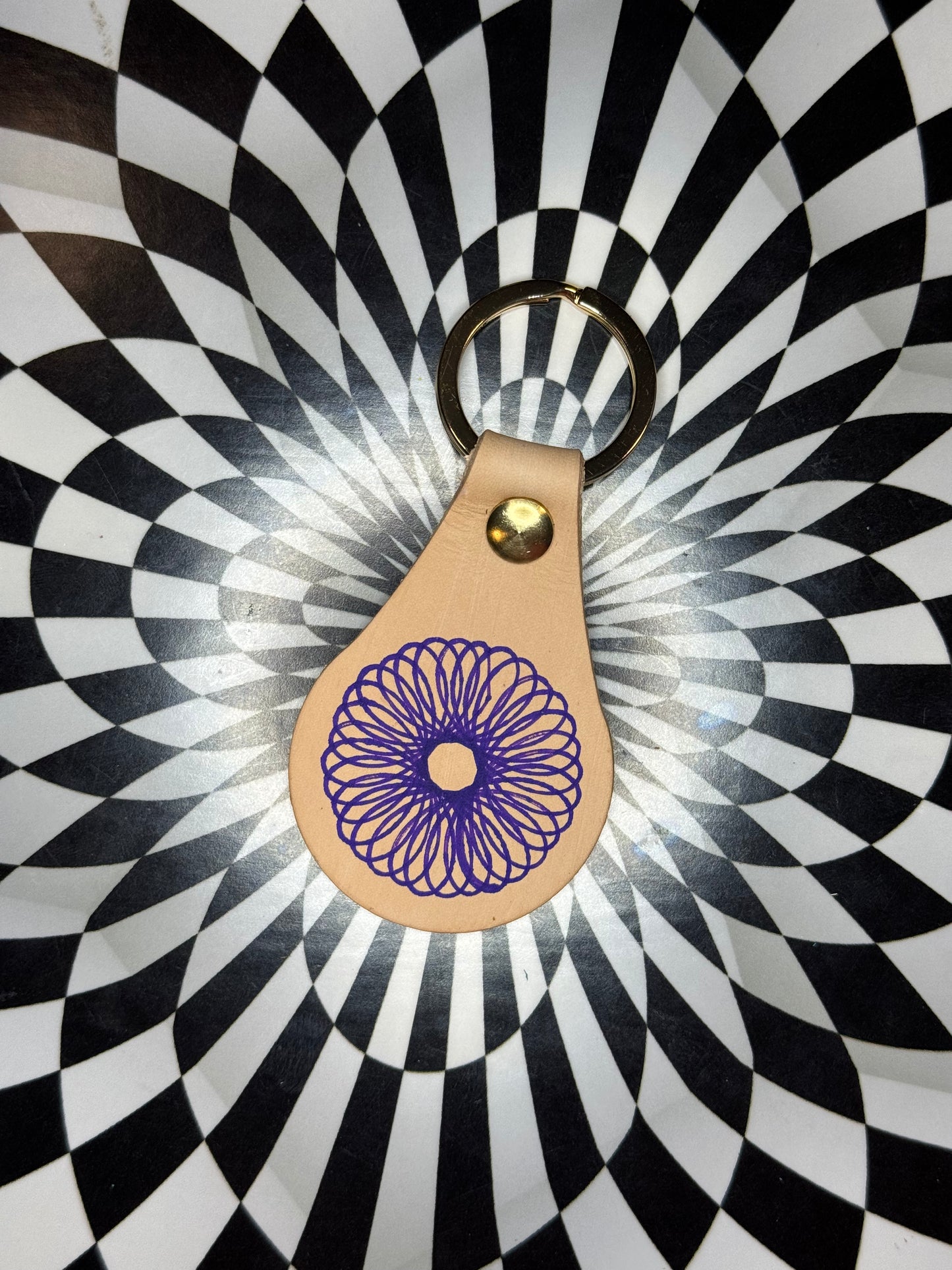 Spirograph Leather Keychain | Hand Stamped Veg Tan Leather Key Fob